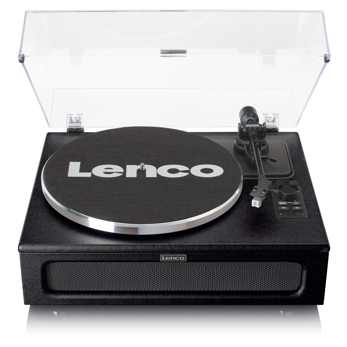 Tocadiscos negro con tapa transparente y logo Lenco en el plato.