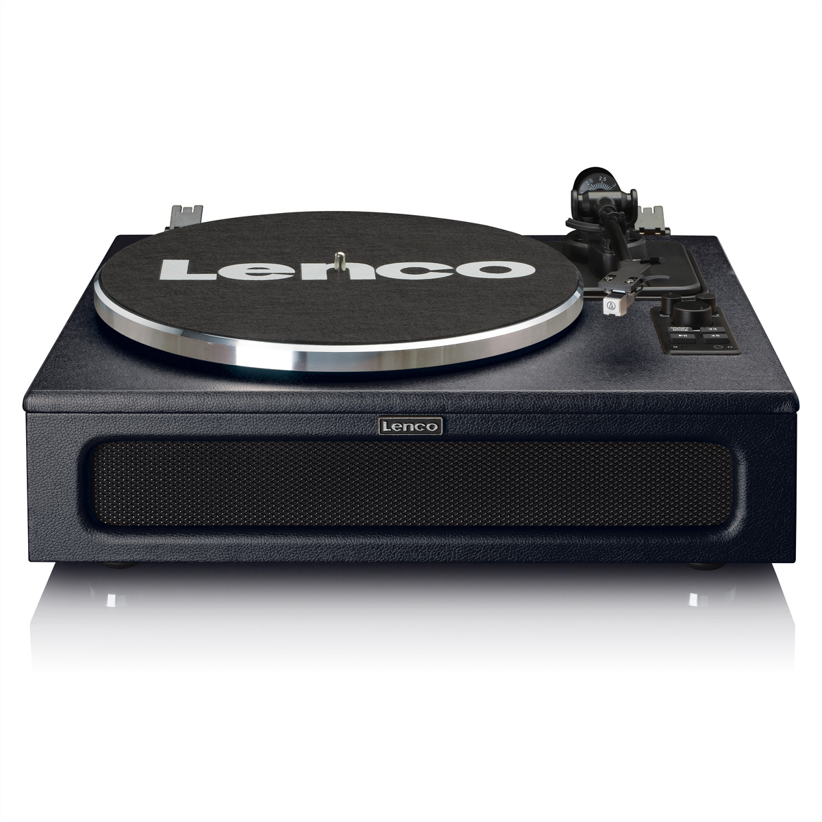 Tocadiscos negro con logo Lenco en el plato y rejilla de altavoz.