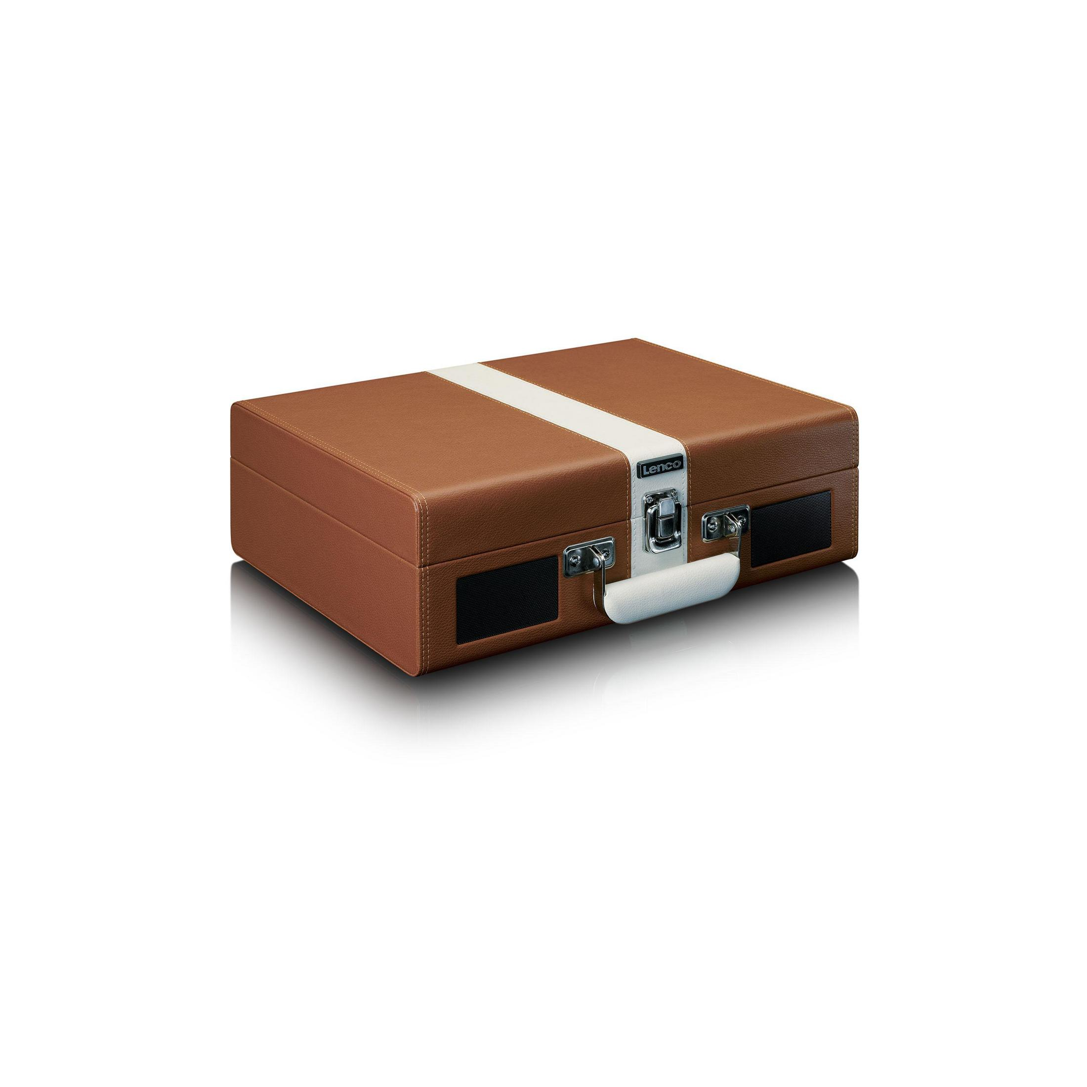 Brązowy gramofon walizka z białym paskiem i srebrnym uchwytem.