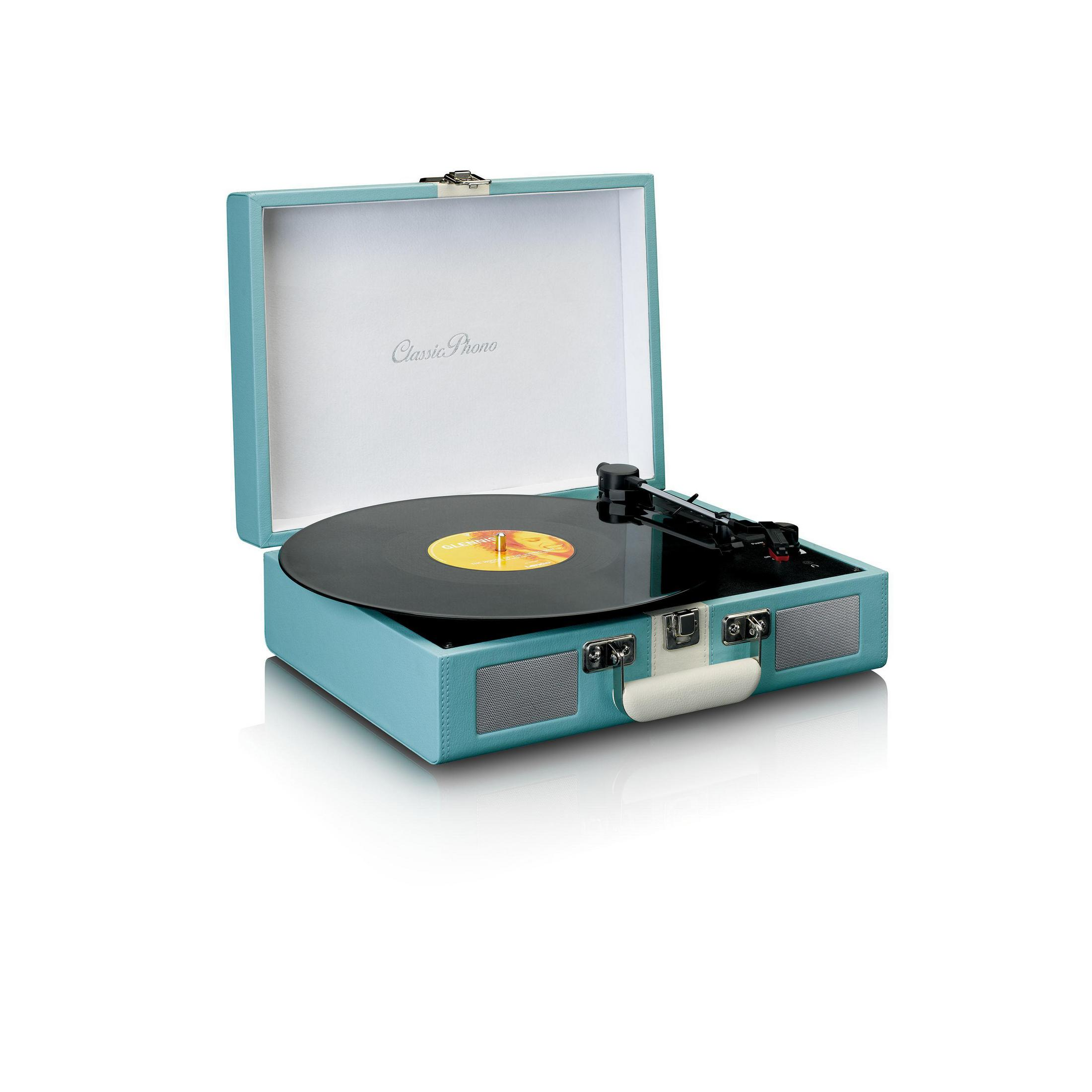 Jasnoniebieski gramofon z płytą winylową i ramieniem.