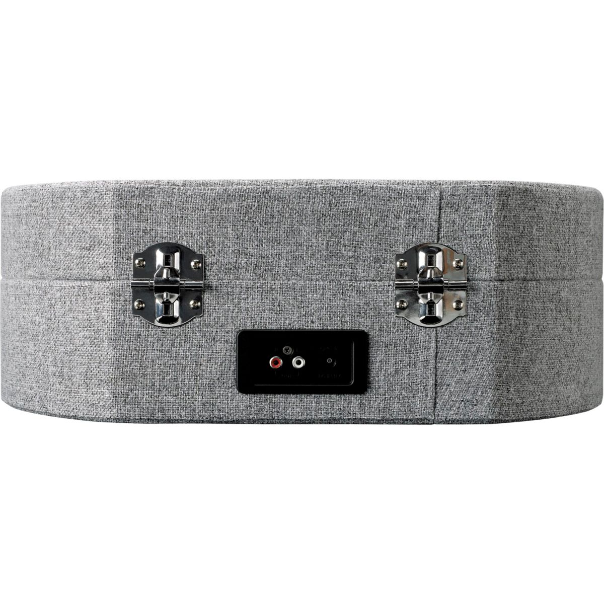 Szara, materiałowa walizka z dwoma srebrnymi zatrzaskami.