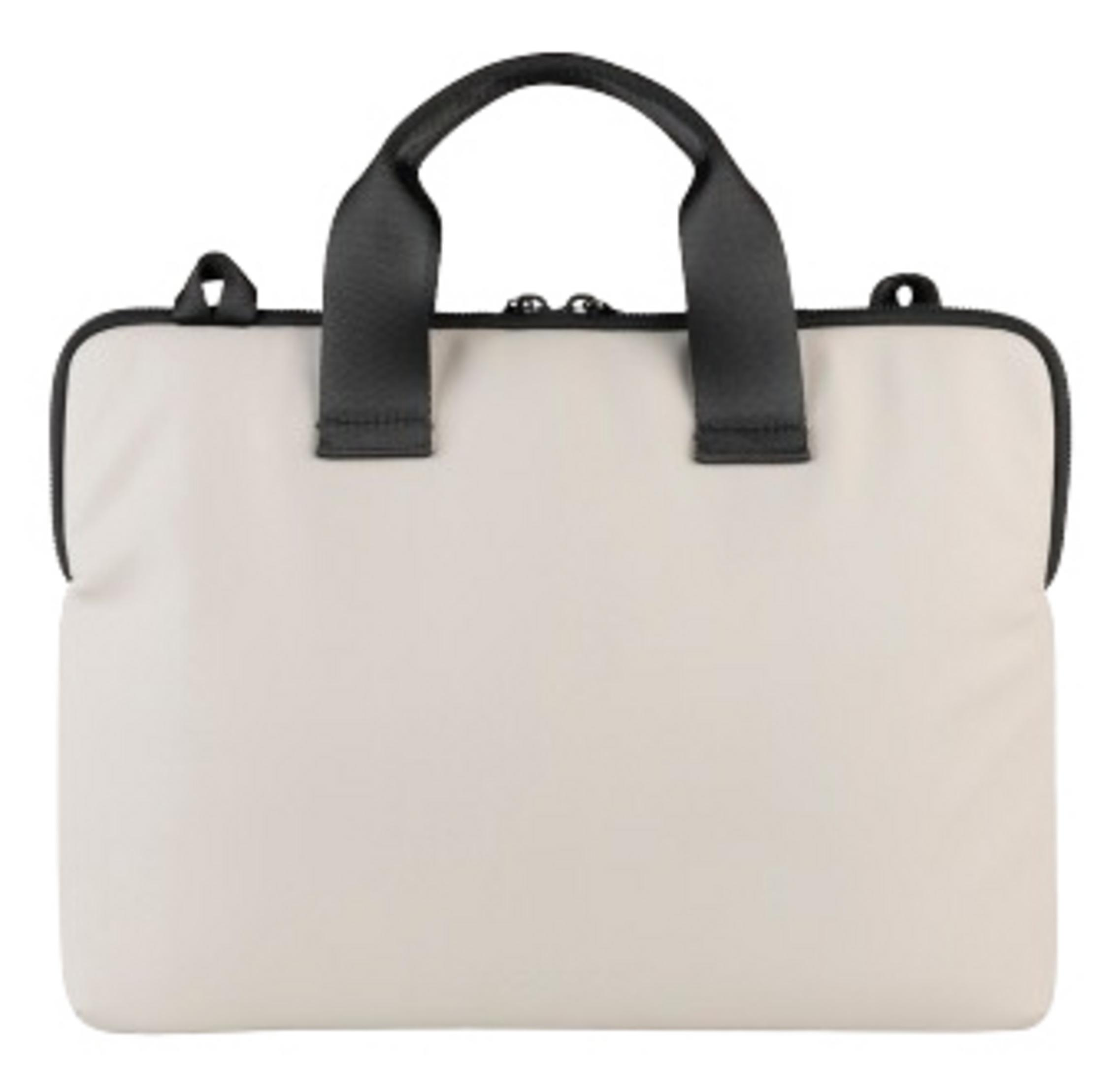 Eine helle Laptoptasche mit schwarzen Griffen und Reißverschluss.
