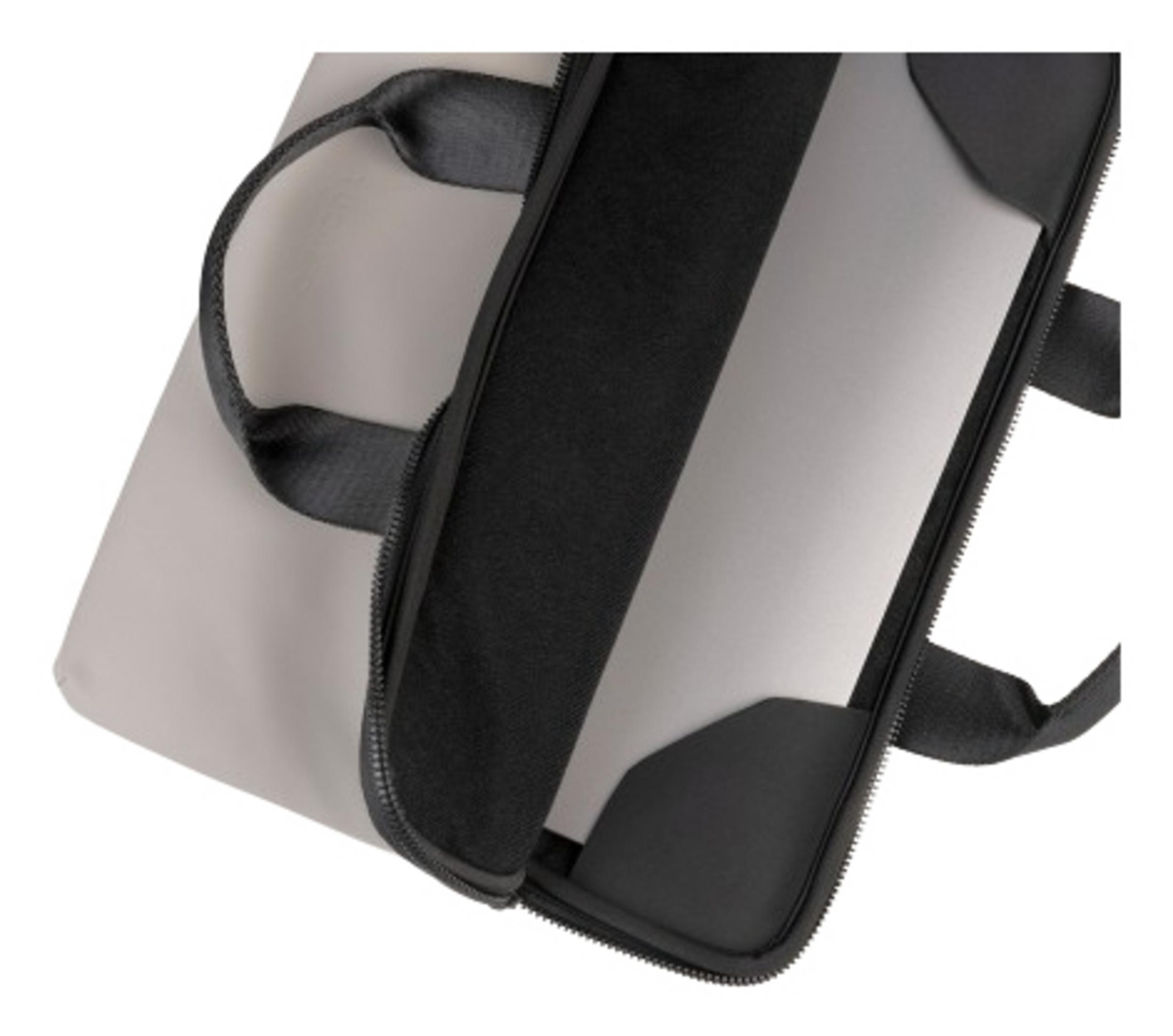 Graue Laptoptasche mit schwarzem Reißverschluss und Tragegriff. Laptop ist teilweise sichtbar.