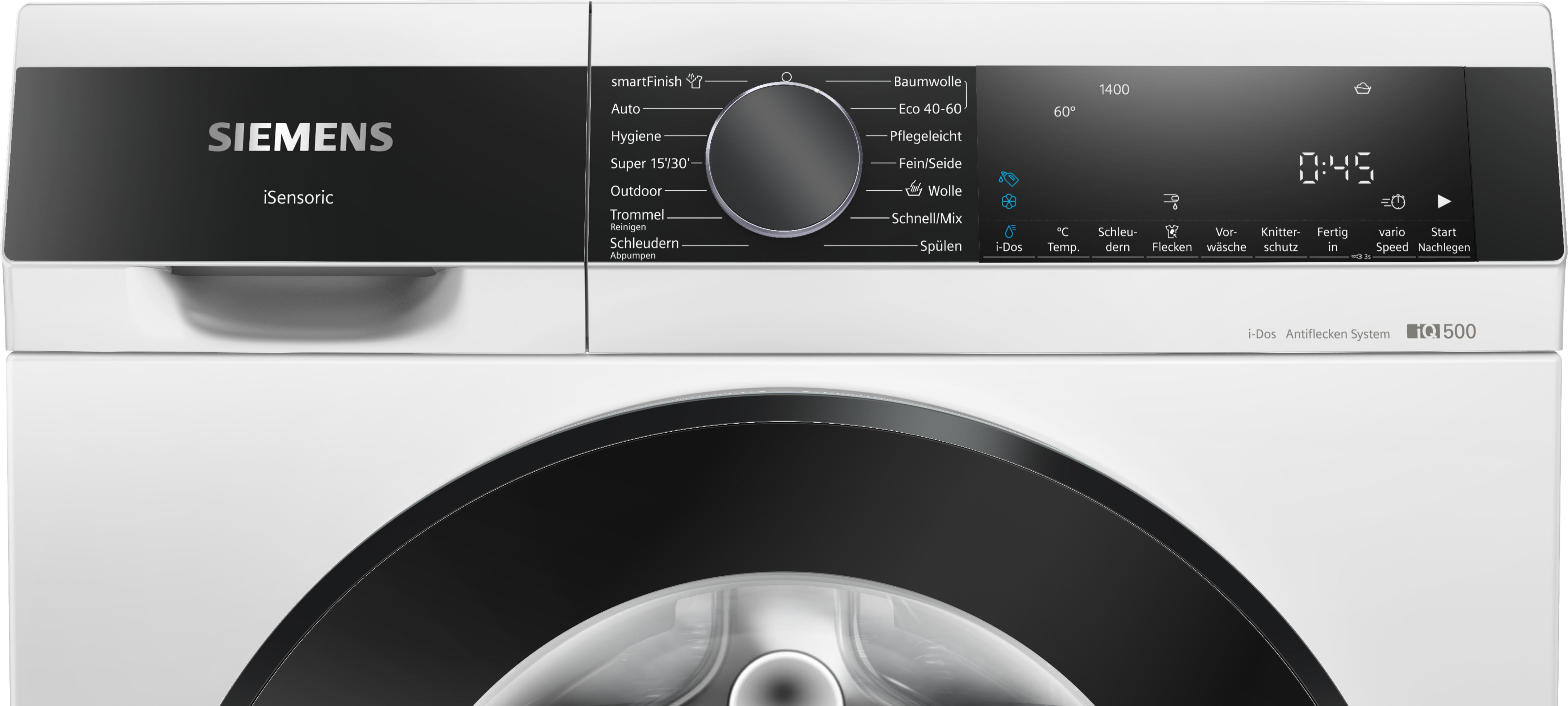 Siemens Waschmaschine Bedienfeld mit Programmauswahl und digitaler Anzeige.