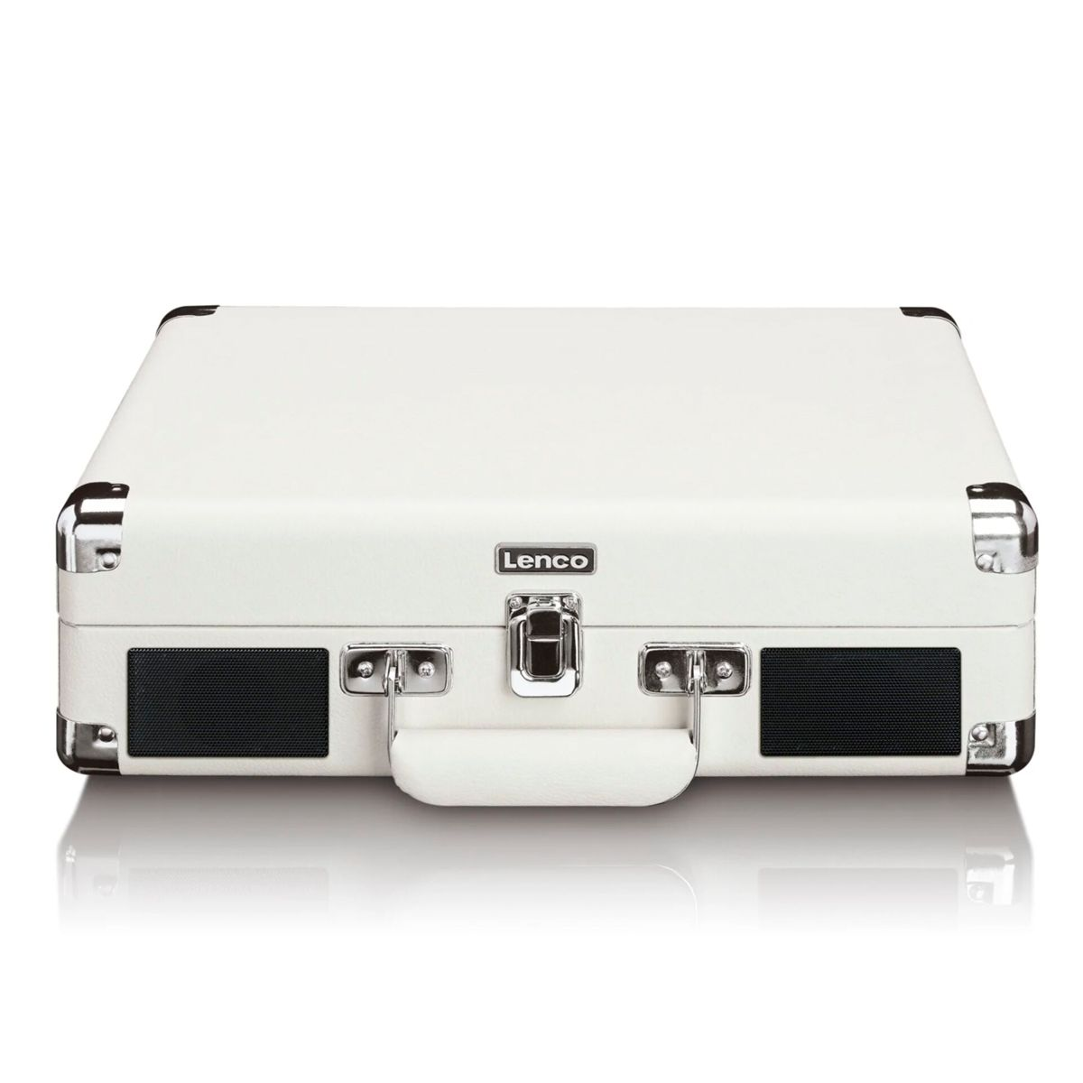 Closed white suitcase-style record player with Lenco logo and speakers.