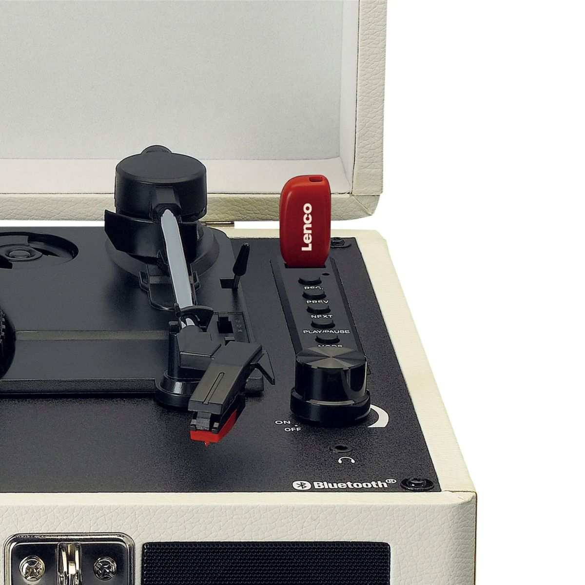 A record player with a red Lenco USB stick and control buttons.