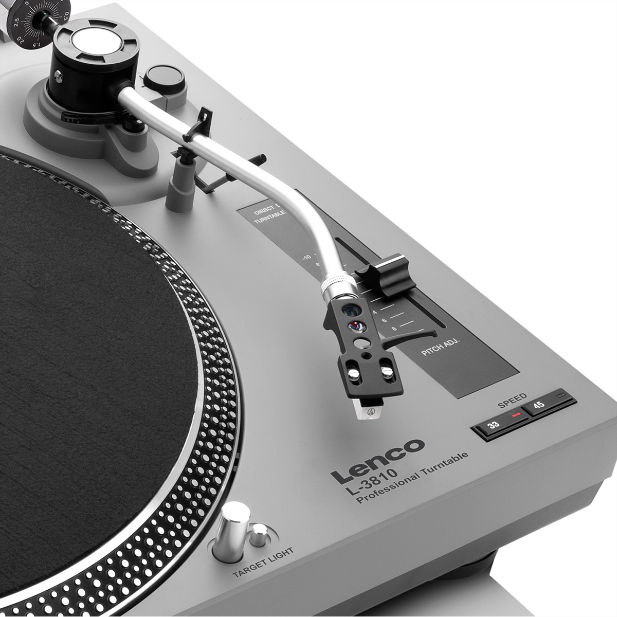 Tocadiscos Lenco L-3810 gris con brazo y plato.