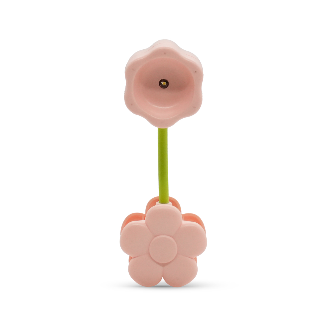 Un portaoggetti rosa a forma di fiore con stelo verde su sfondo bianco.
