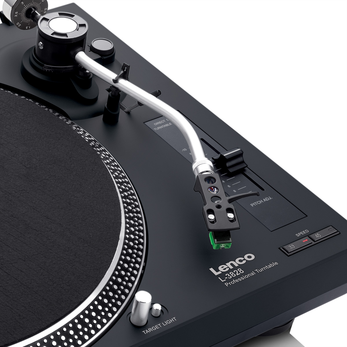 Zwarte Lenco L-3828 professionele draaitafel met toonarm en plateau.