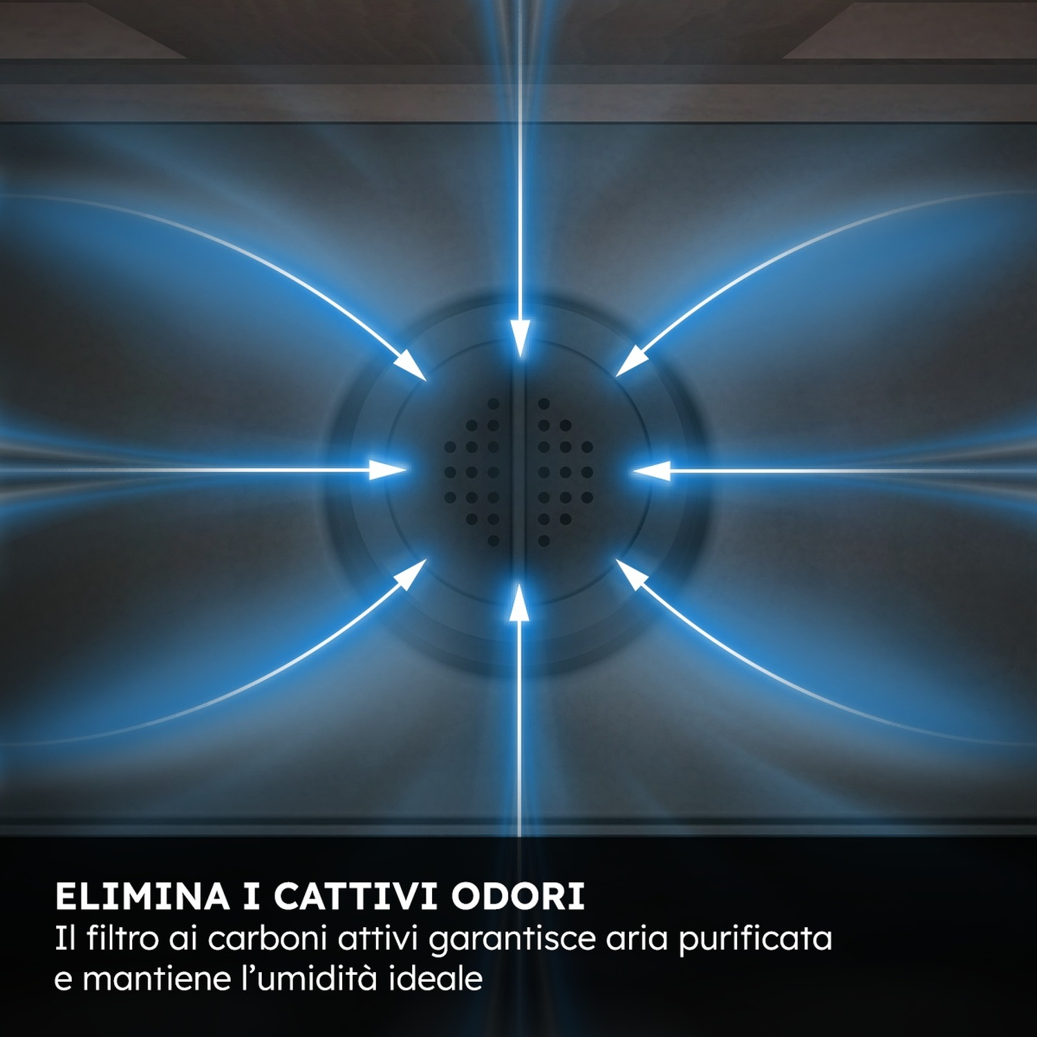 Niebieskie strzałki wskazują okrągłą kratkę; tekst o usuwaniu zapachów.