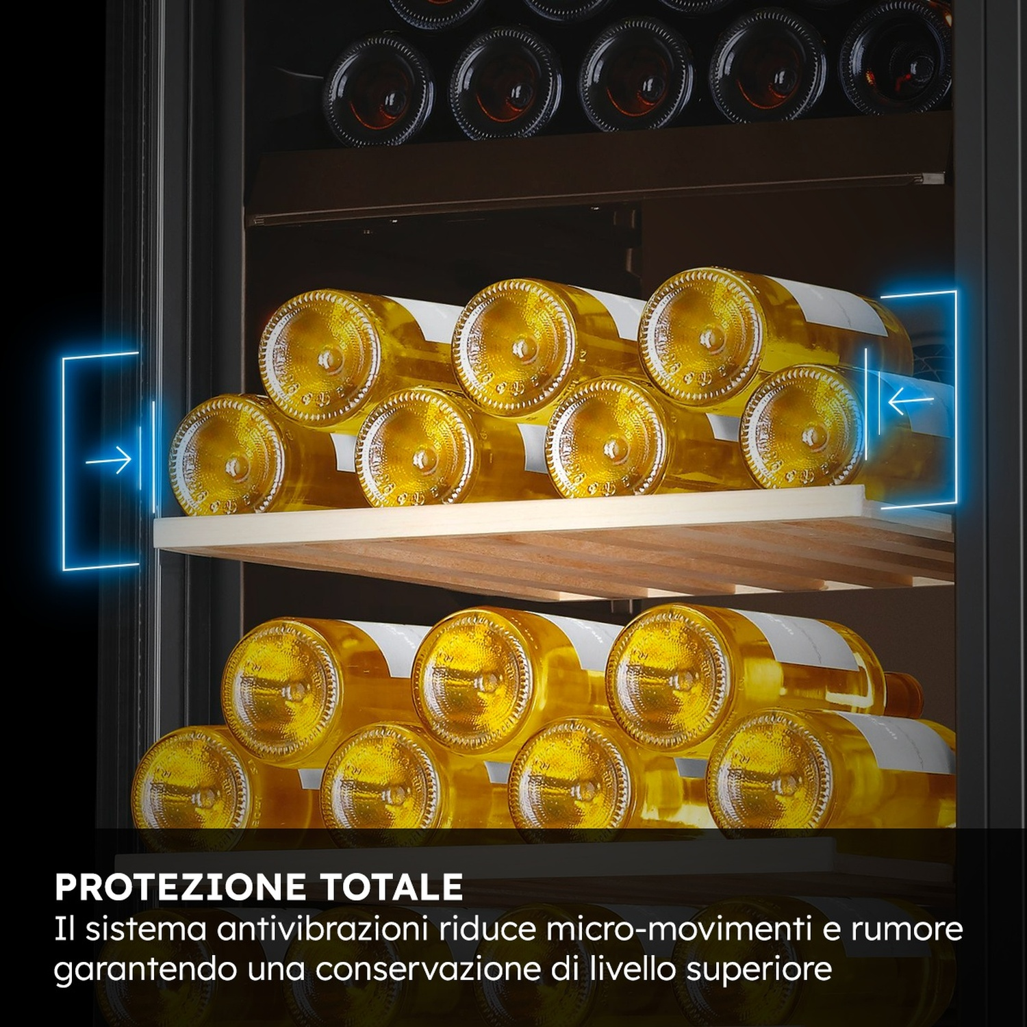 Lodówka na wino z żółtymi butelkami na drewnianych półkach. Niebieskie linie wskazują ochronę.