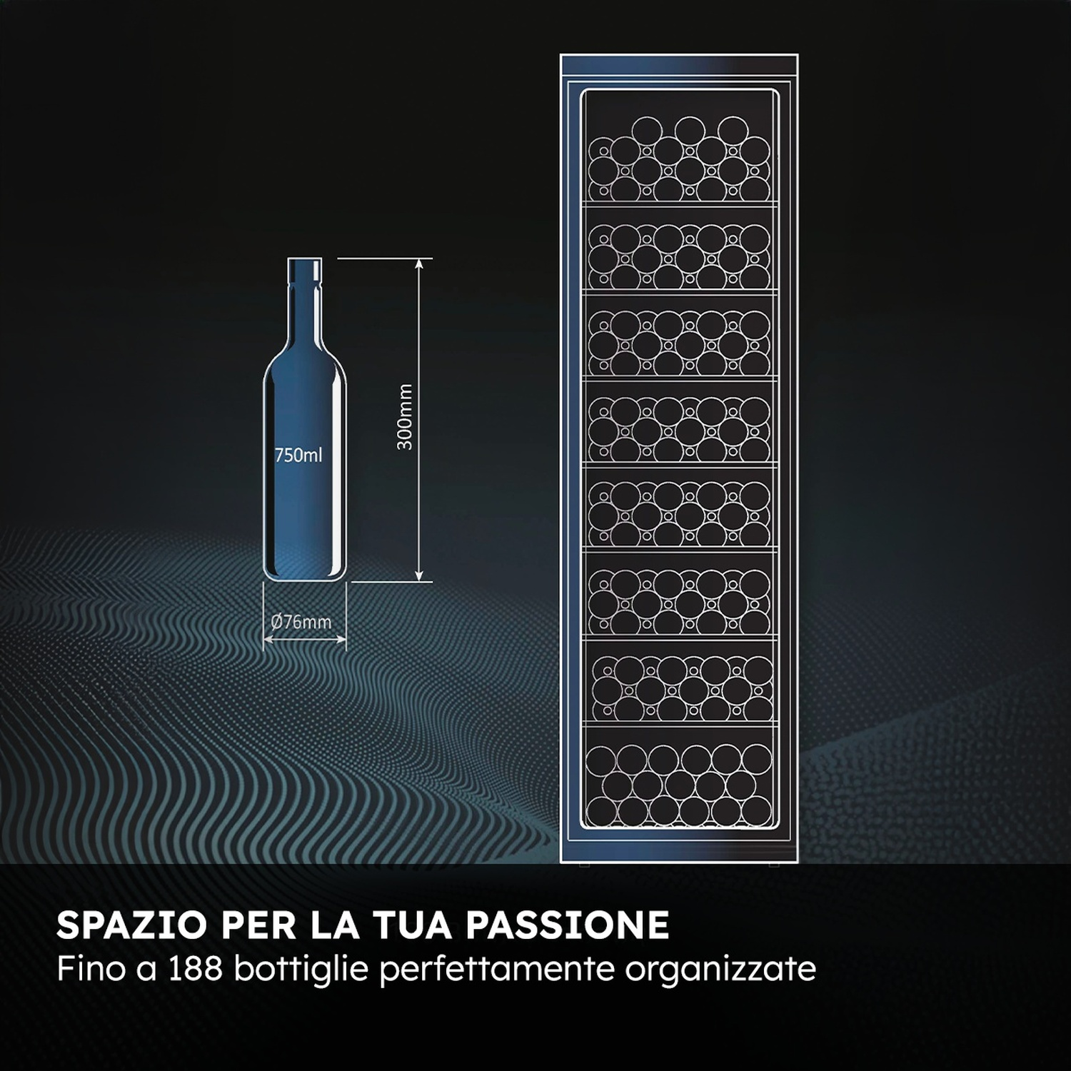 Butelka 750ml (wysokość 300mm, szerokość 76mm) obok stojaka na wino.