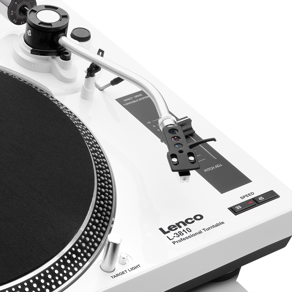 Tocadiscos blanco Lenco L-3810 con brazo, plato y controles de velocidad visibles.
