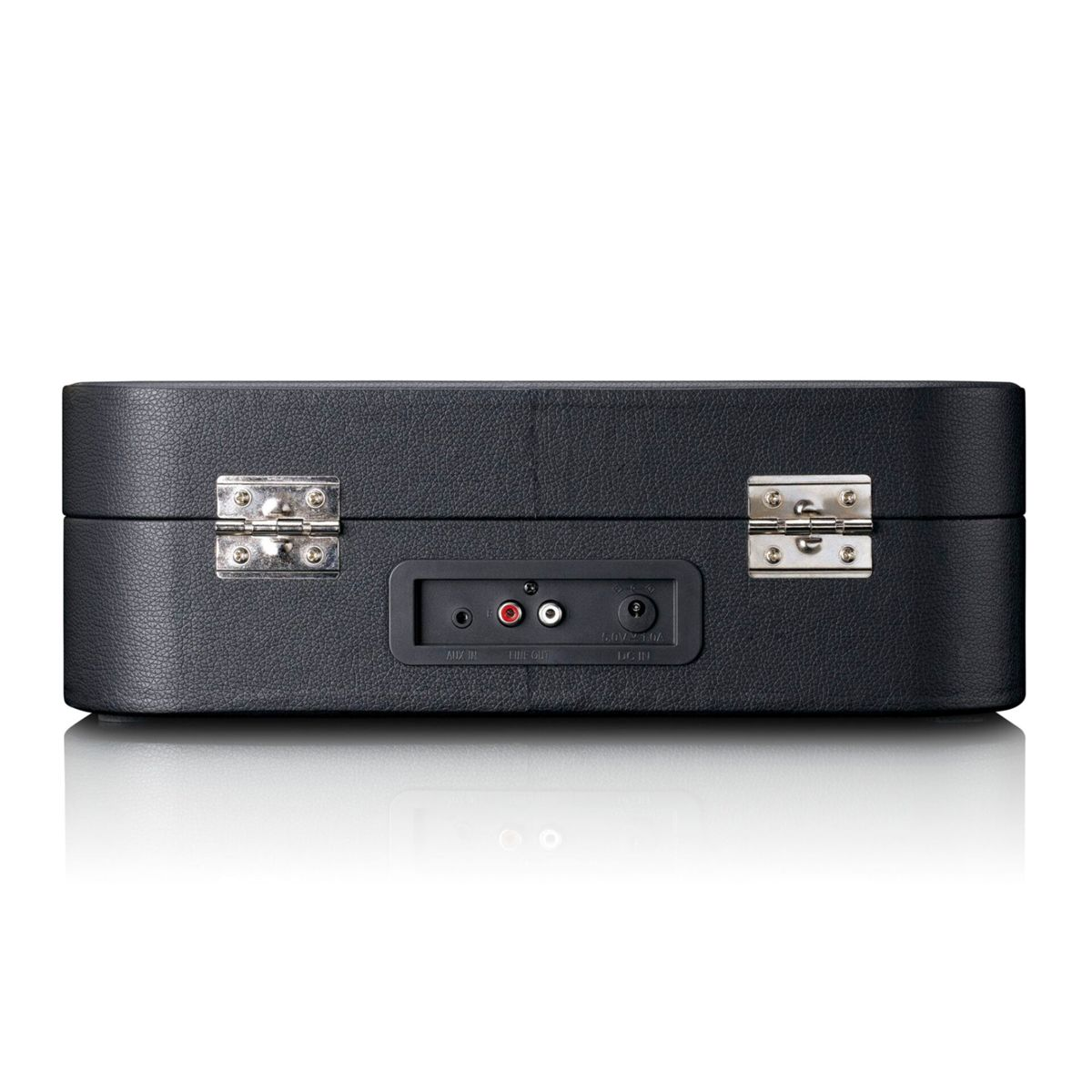 Czarna obudowa z portami: AUX IN, LINE OUT, DC IN. Dwa zawiasy.