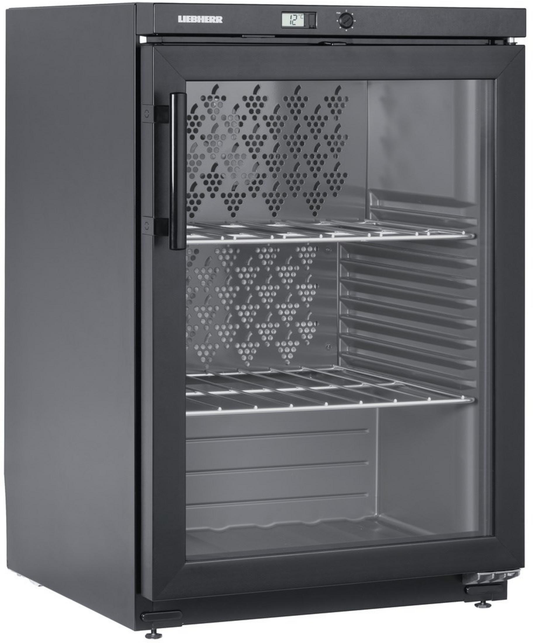 Frigorifero nero con porta in vetro, ripiani argentati e display digitale della temperatura.