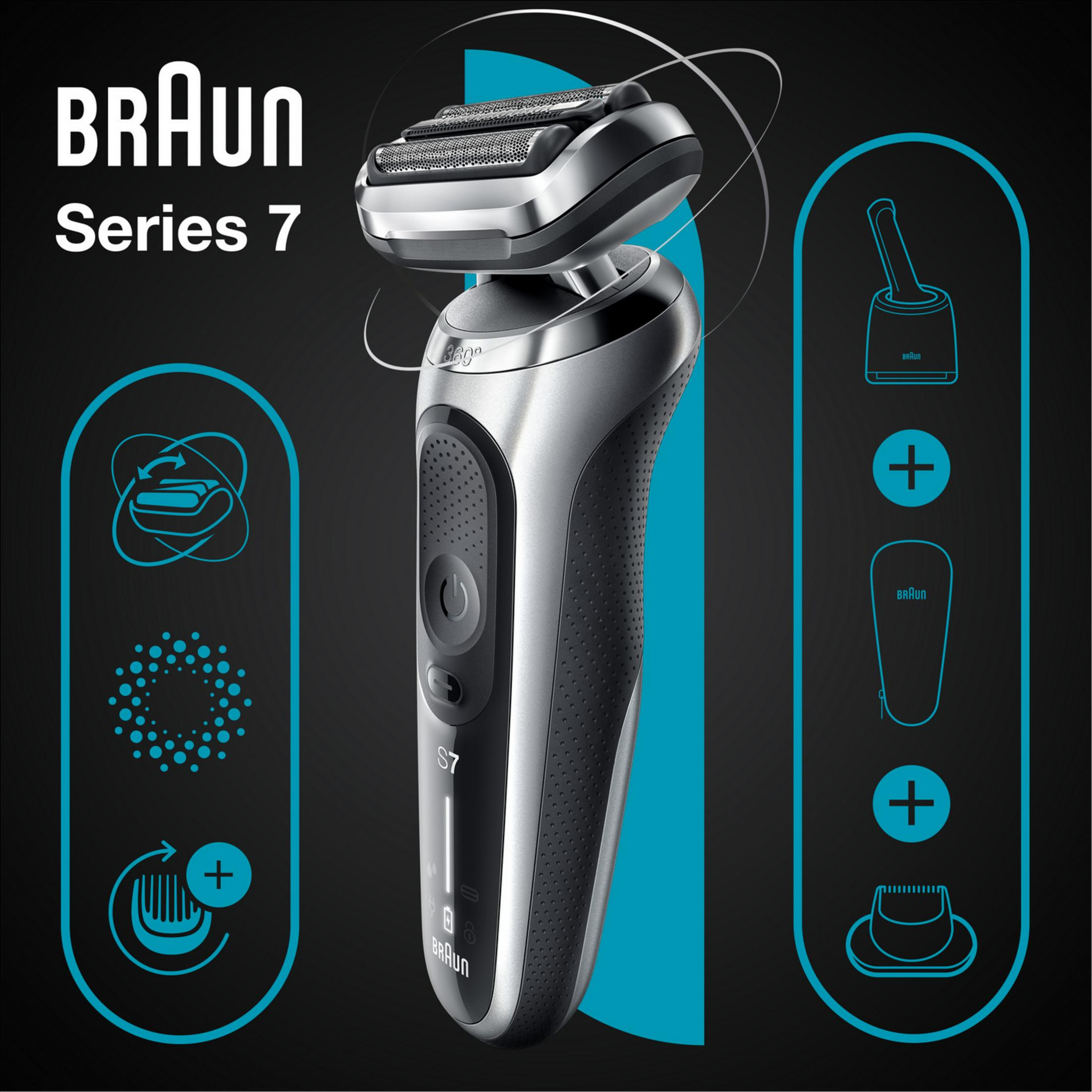 Braun Series 7 Elektrorasierer mit flexiblen Scherblöcken und Zubehörsymbolen.