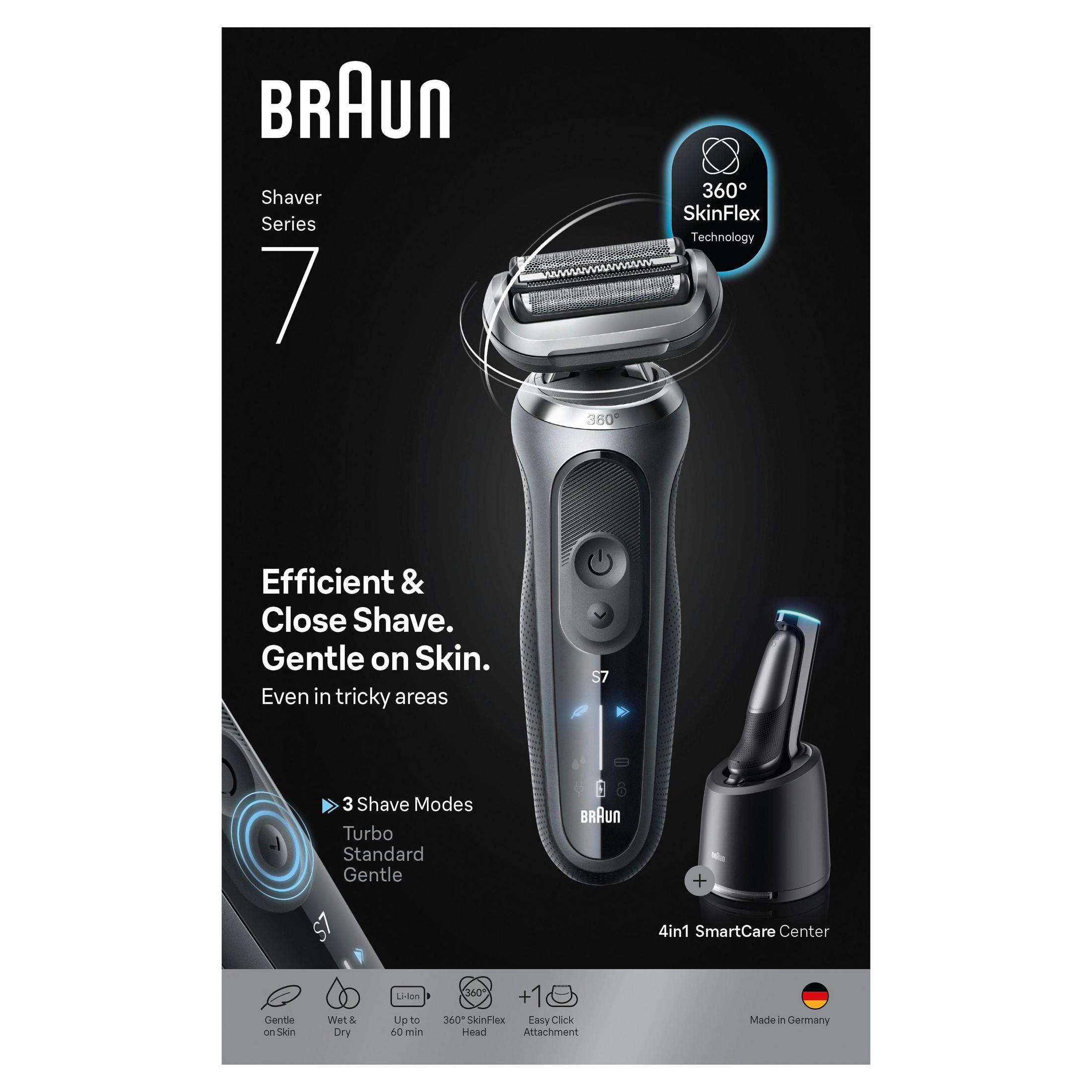 Rasoio Braun Serie 7 con testina 360° SkinFlex e SmartCare Center 4 in 1.
