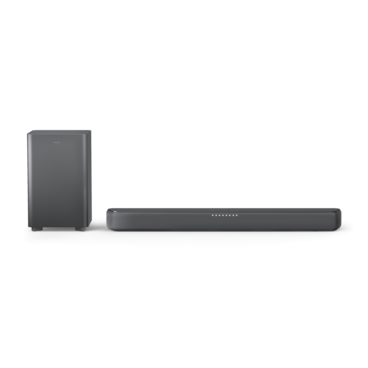 Un subwoofer e una soundbar scuri su sfondo bianco.