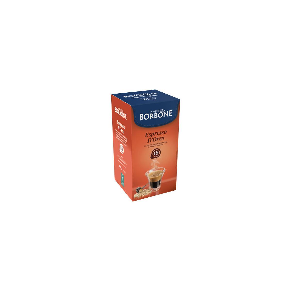 Scatola di cialde caffè Borbone Espresso D'Orzo con tazza di espresso e chicchi d'orzo.