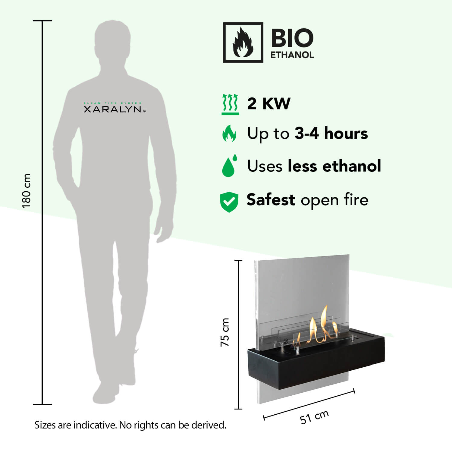 Een bio-ethanol haard met vlammen, naast een silhouet van een persoon.
