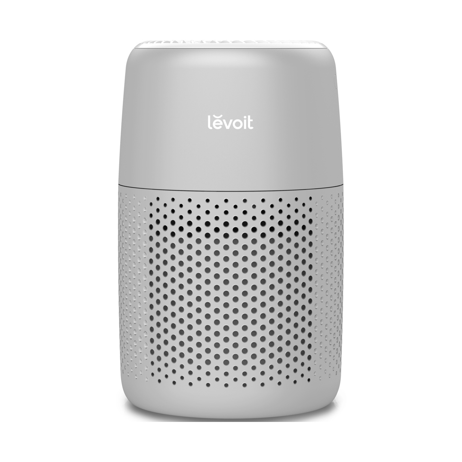 Un purificatore d'aria Levoit bianco con base forata e logo.