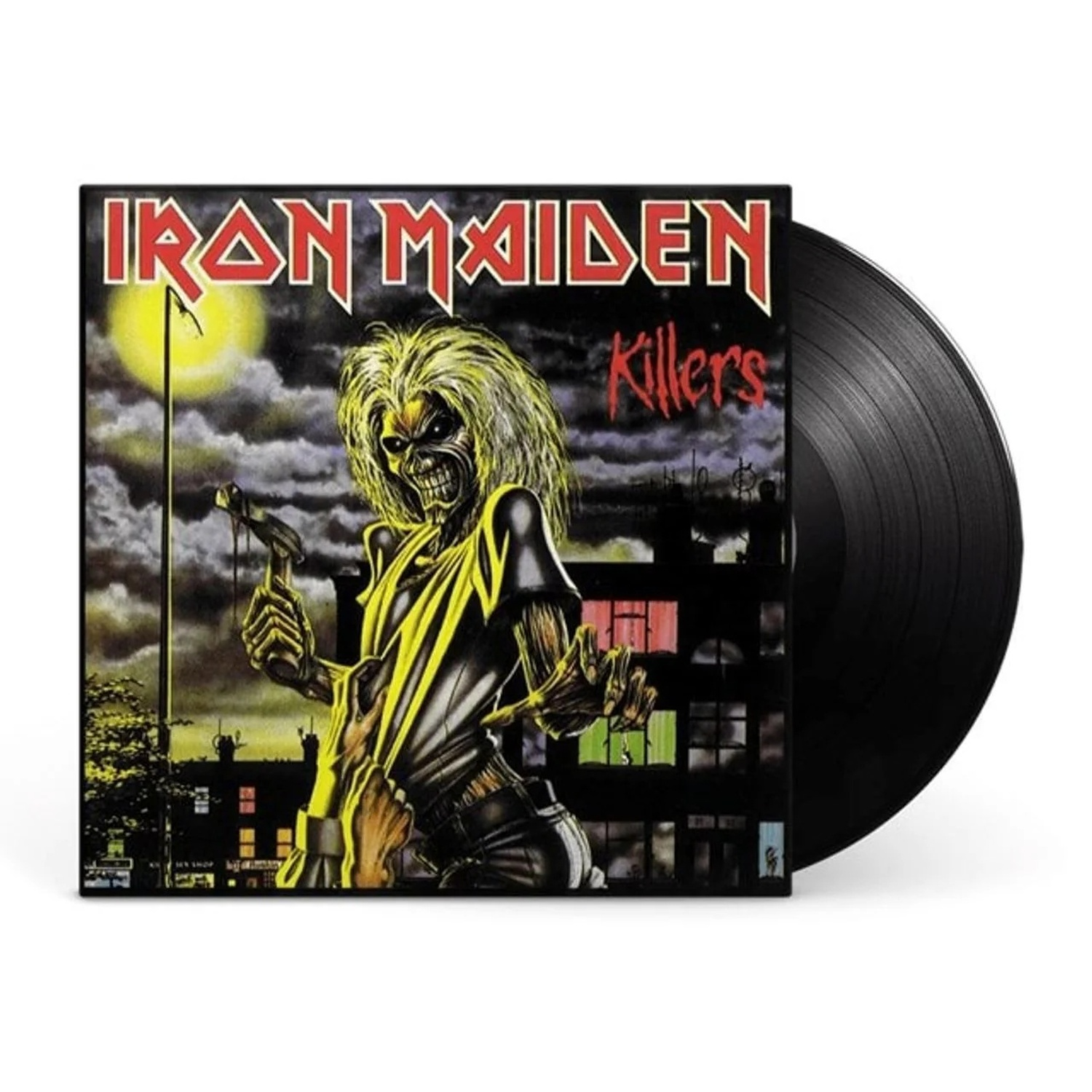 Copertina album Iron Maiden Killers con Eddie che tiene un'ascia di notte. Un vinile accanto.