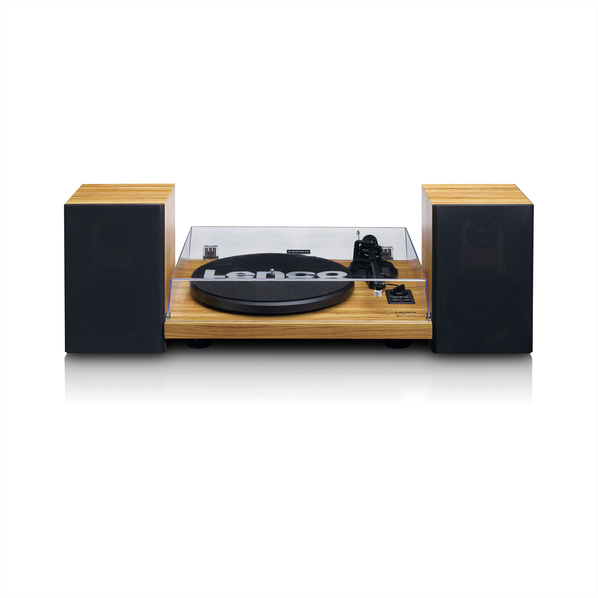 Drewniany gramofon z dwoma czarnymi głośnikami i przezroczystą pokrywą.