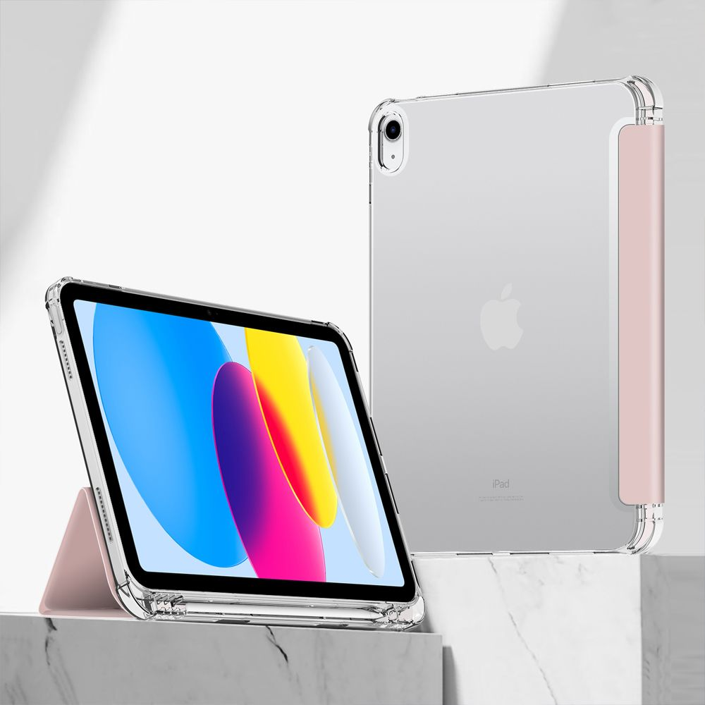 Zwei durchsichtige iPads mit rosa Hüllen stehen nebeneinander.