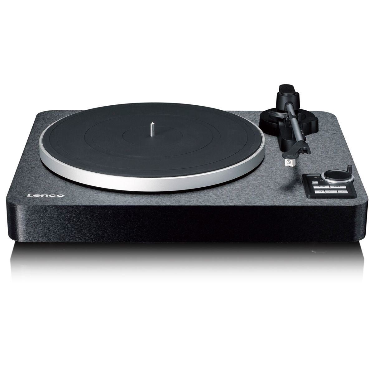 Czarny gramofon z logo Lenco, ramieniem i przyciskami sterującymi.