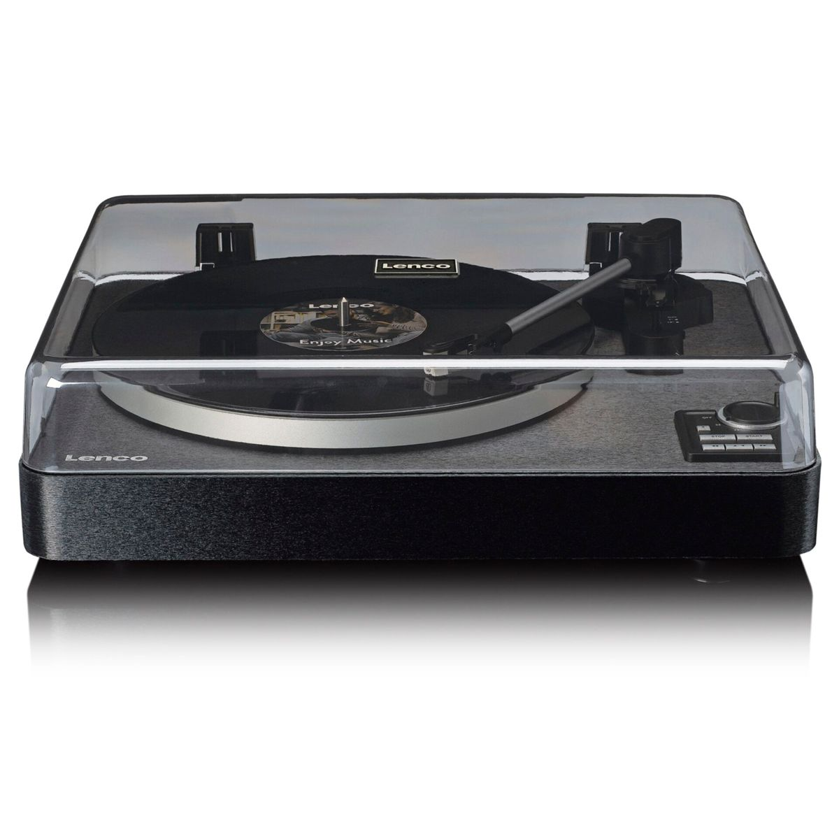 Czarny gramofon z przezroczystą pokrywą i srebrnymi akcentami.