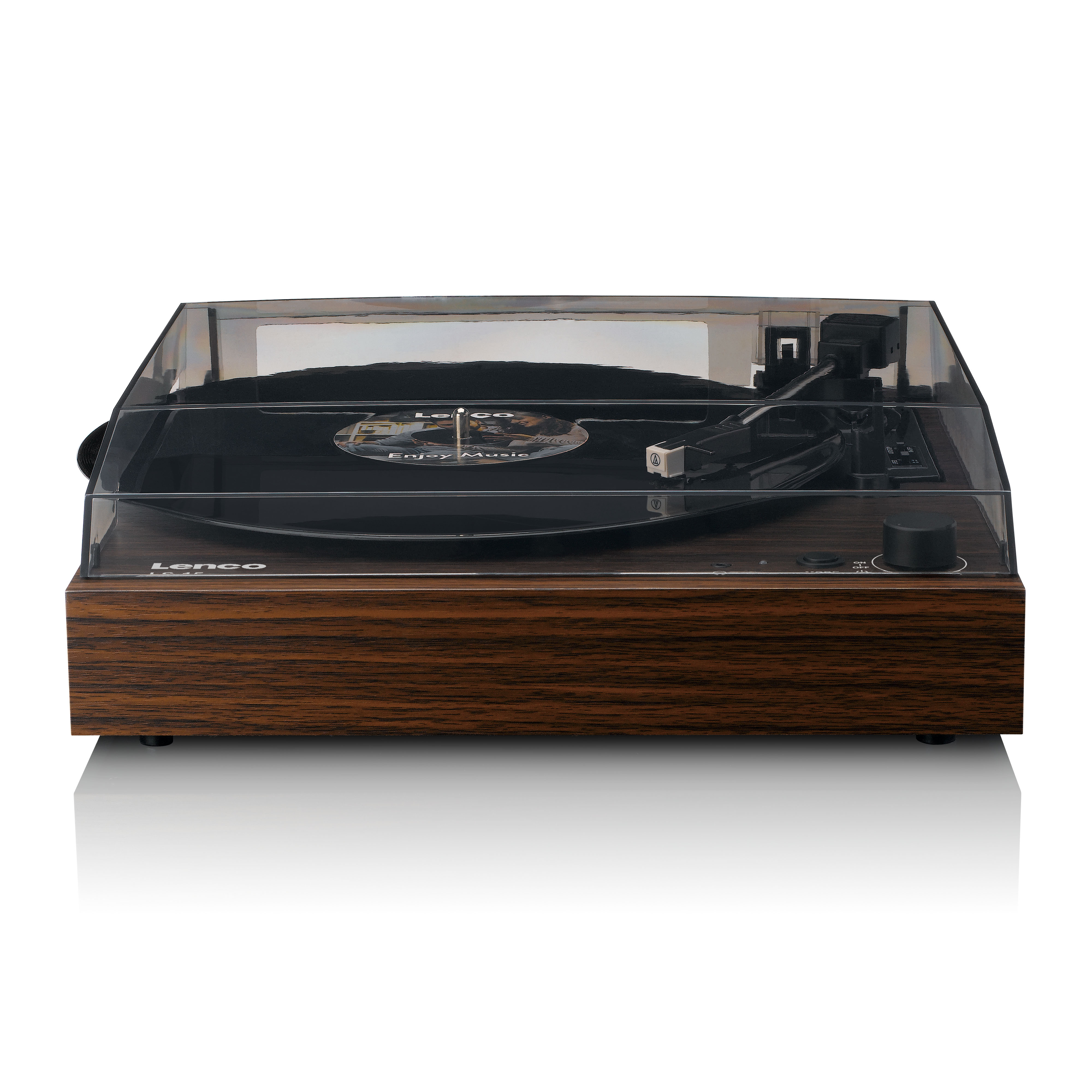 Gramofon z drewnianą podstawą i przezroczystą pokrywą odtwarza czarną płytę winylową.