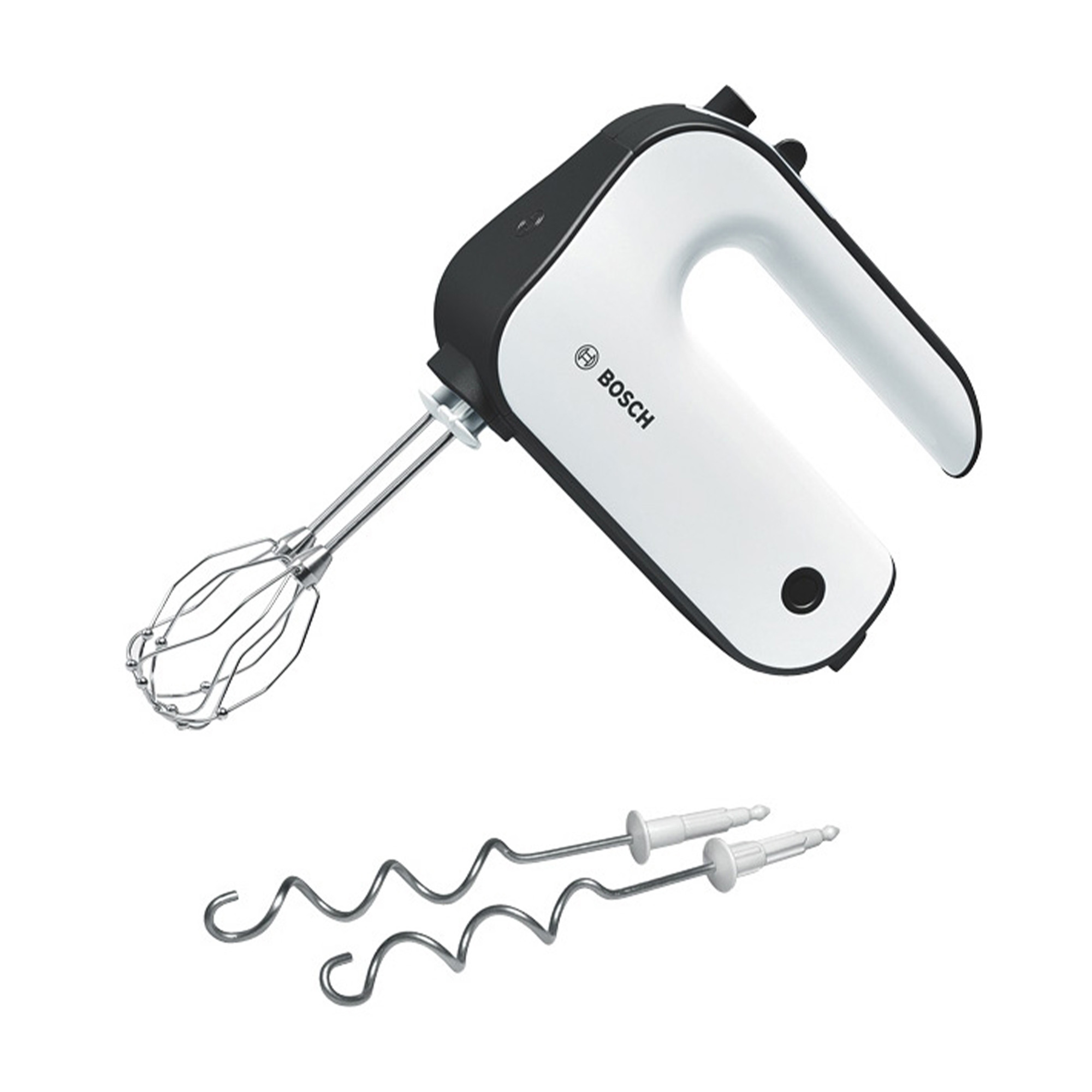 Biały mikser ręczny Bosch z czarnymi akcentami i dwoma trzepakami.