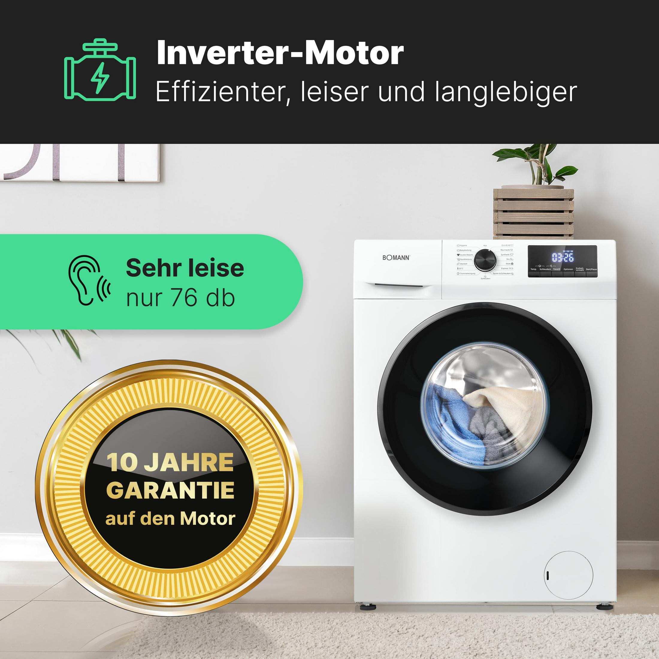 Eine weiße Waschmaschine mit Inverter-Motor-Logo und Garantie-Siegel.