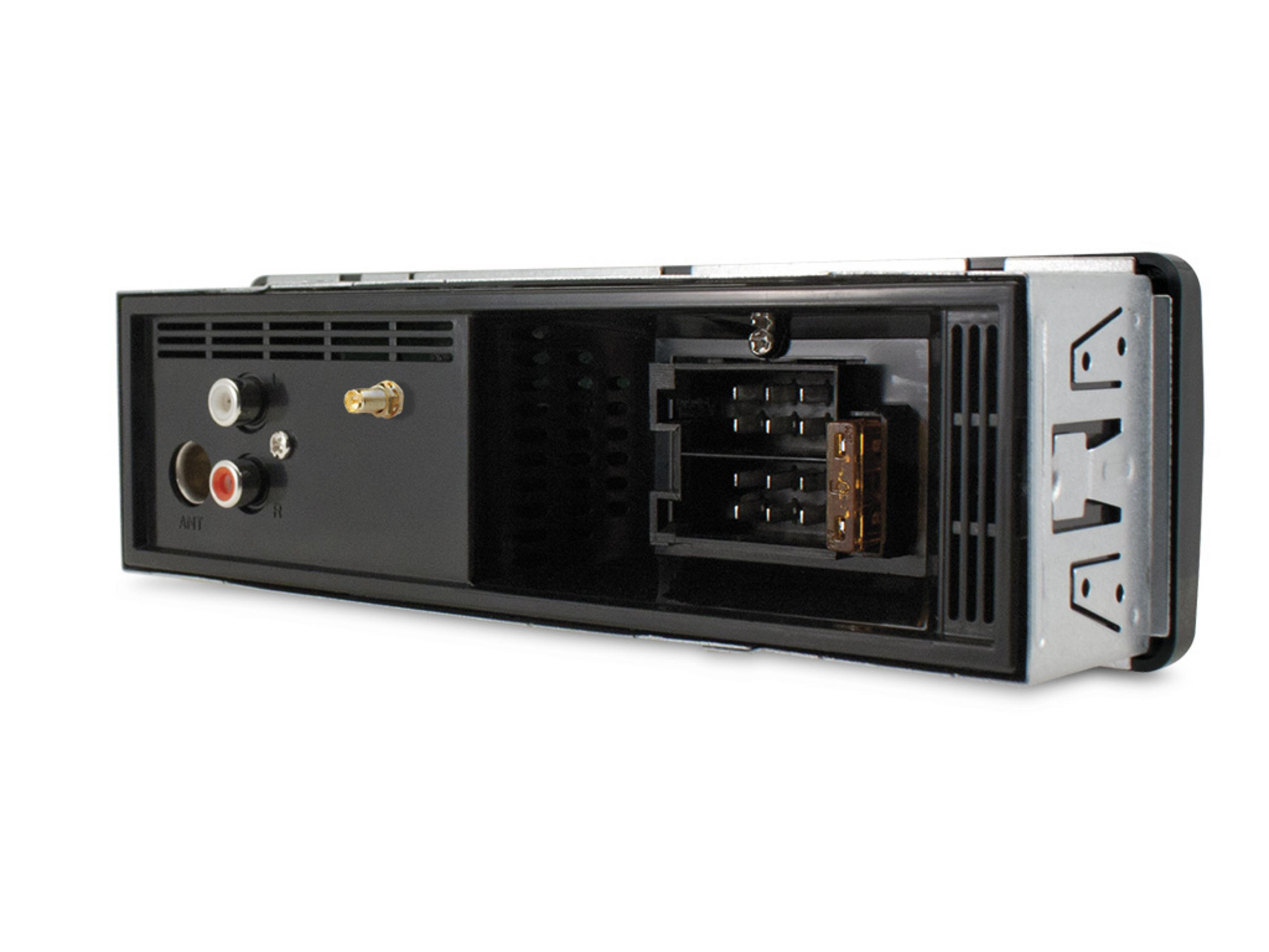 Back of a car radio showing ports, fuse holder, and connections.