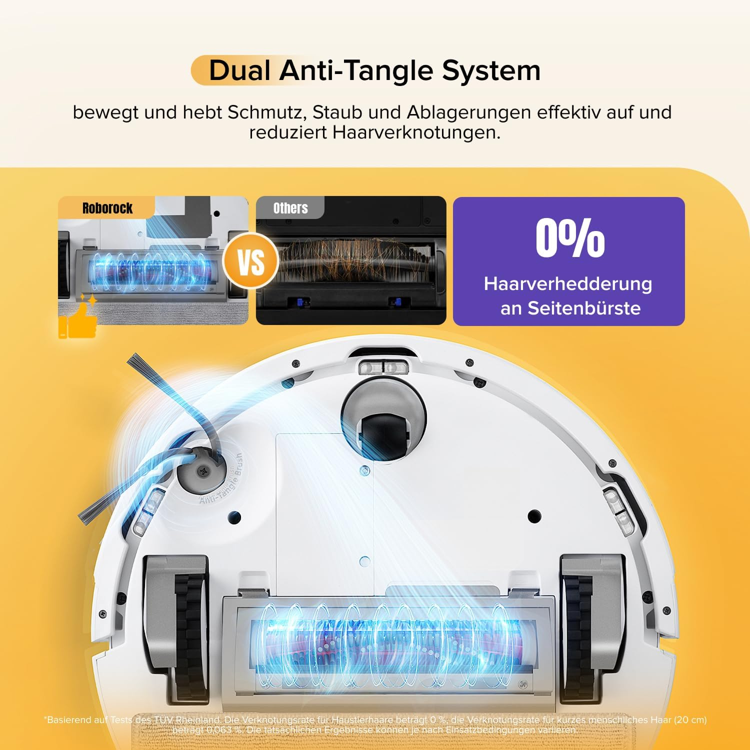 Roboterstaubsauger-Bodenansicht mit Dual Anti-Tangle System Vergleich.