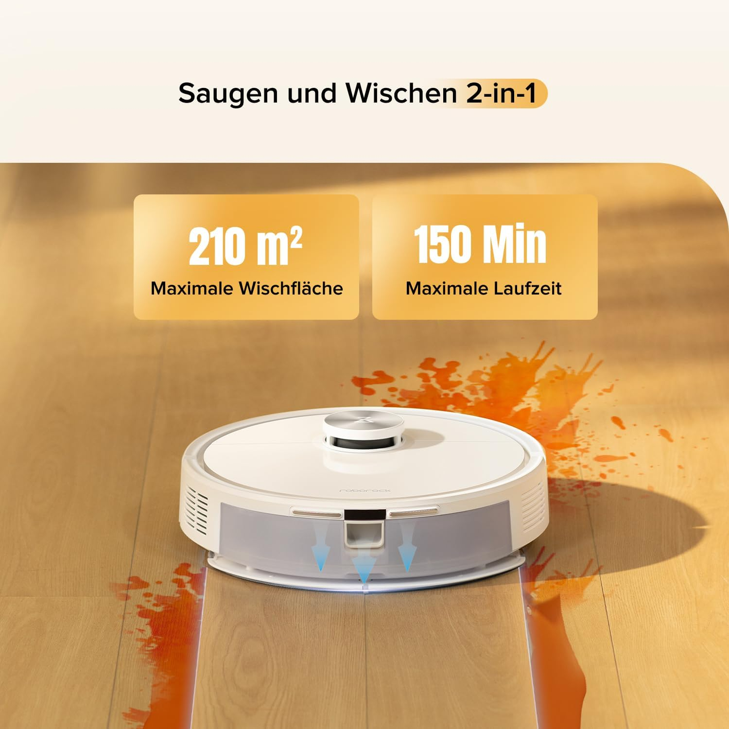 Ein weißer Saugroboter wischt verschüttete Flüssigkeit auf einem Holzboden.