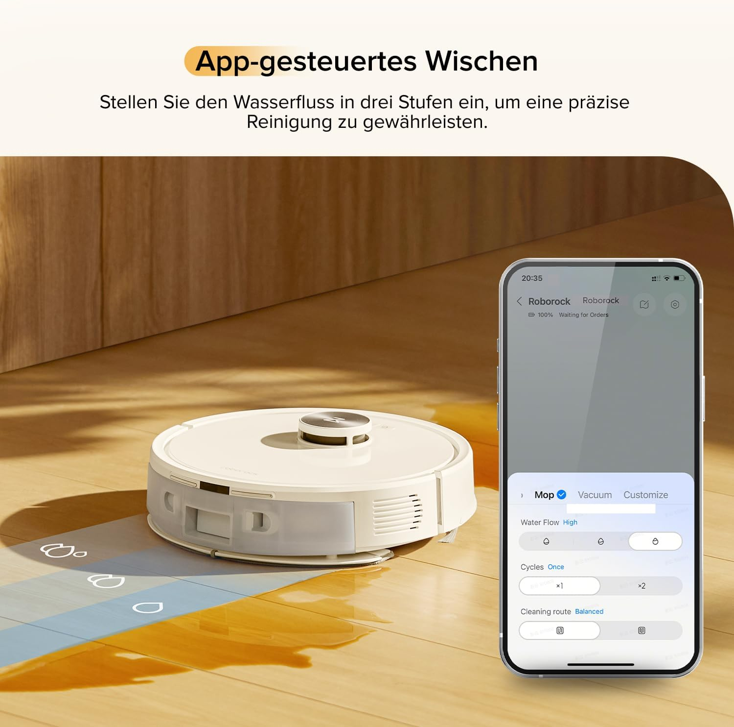 Ein weißer Saugroboter mit App-Steuerung auf einem Holzboden.