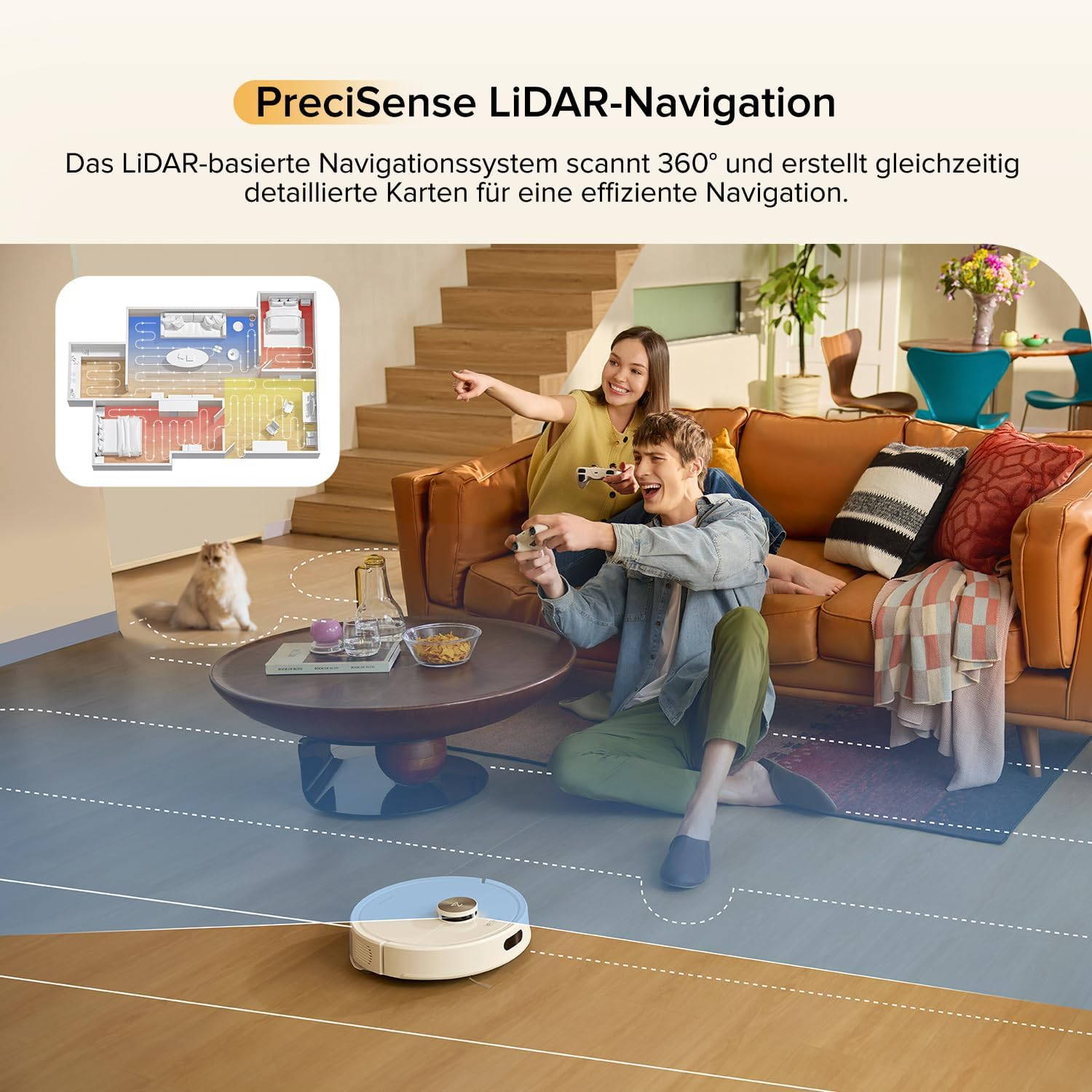 Ein Saugroboter navigiert im Wohnzimmer, während ein Paar auf dem Sofa sitzt.