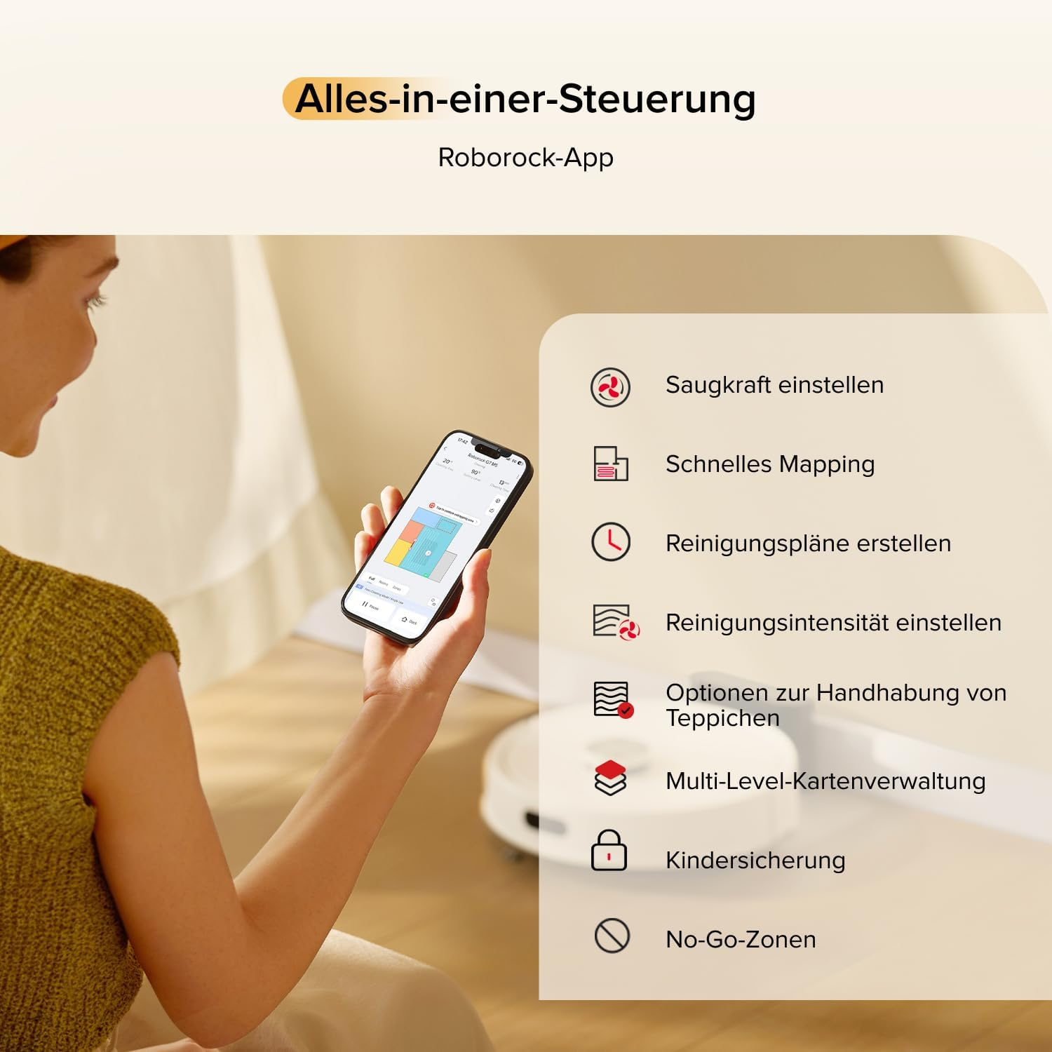 Eine Person hält ein Smartphone mit der Roborock-App. Funktionen werden aufgelistet.
