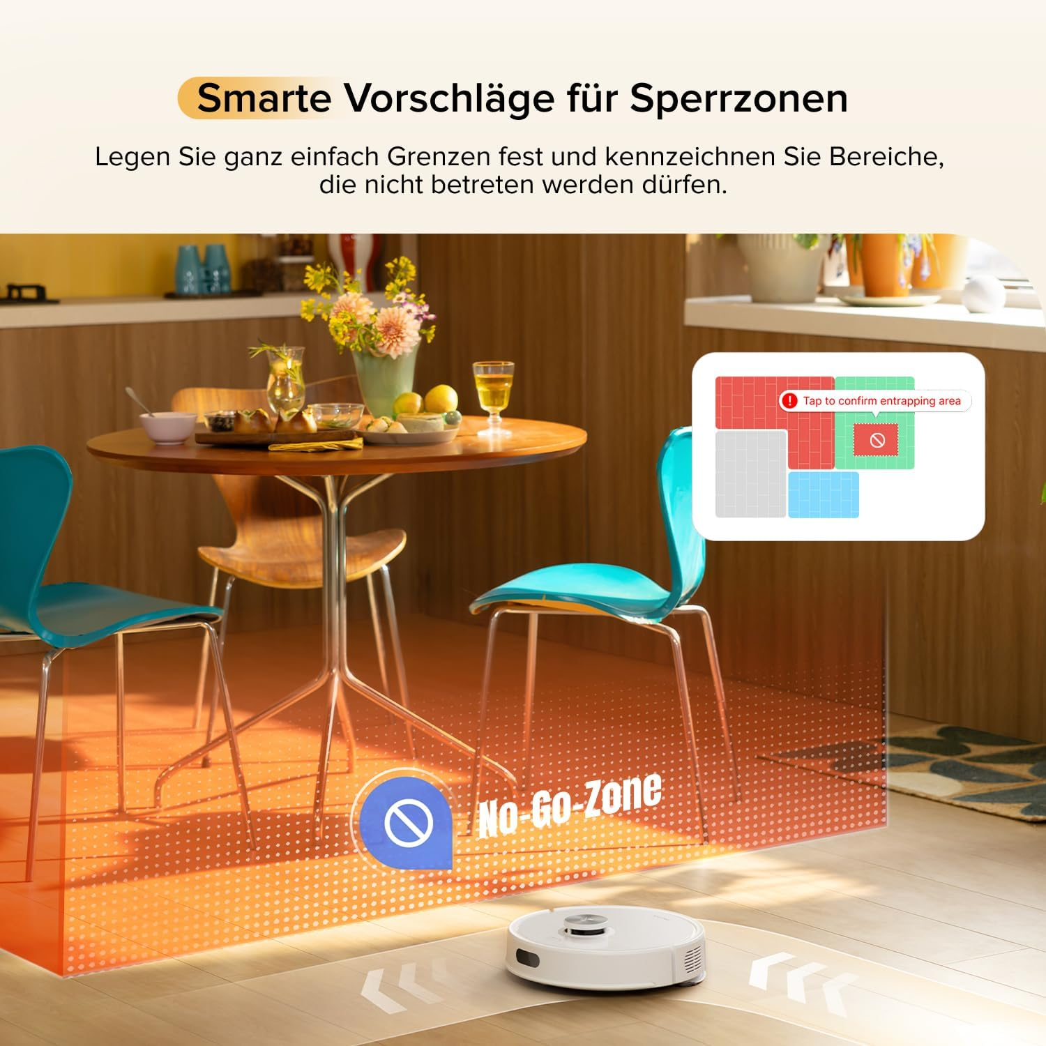 Ein Saugroboter nähert sich einer orangenen Sperrzone im Esszimmer.