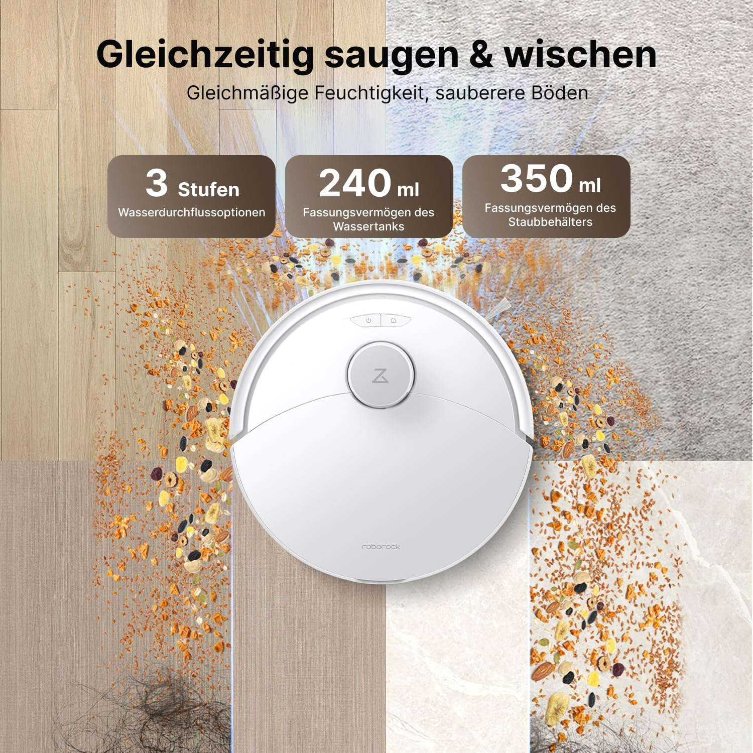 Ein weißer Saugroboter saugt und wischt Krümel auf verschiedenen Böden.