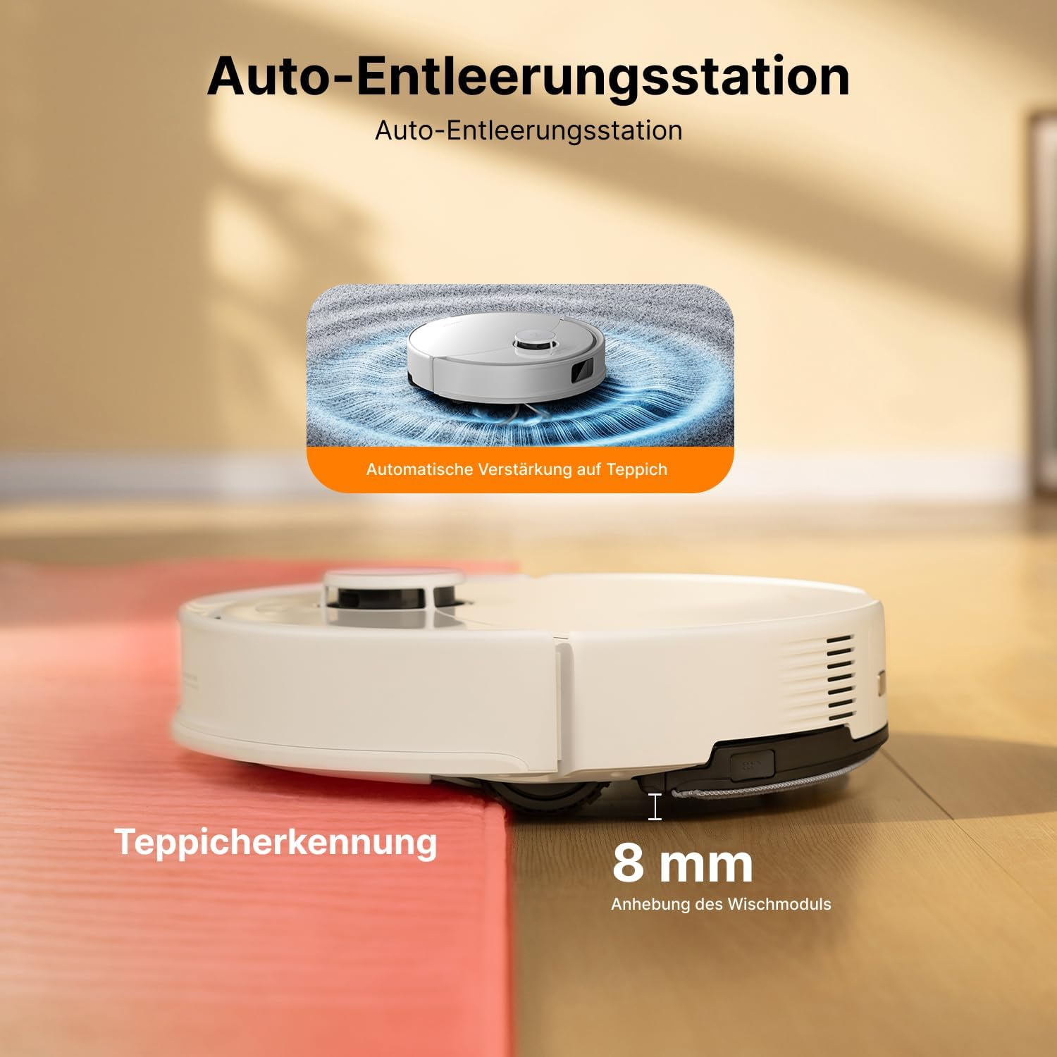 Ein weißer Saugroboter erkennt Teppiche und hebt sein Wischmodul 8 mm an.