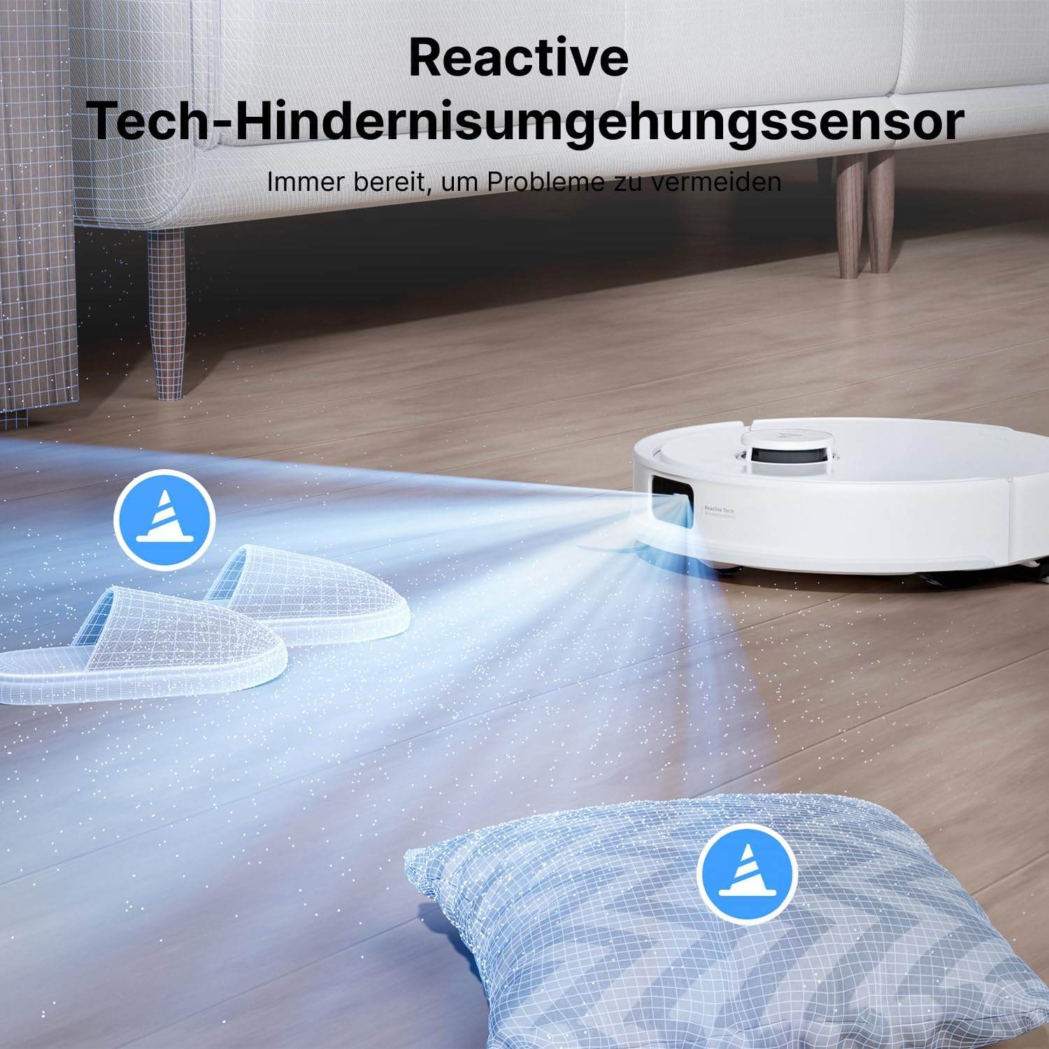 Ein Saugroboter scannt den Boden und vermeidet Hindernisse wie Hausschuhe.