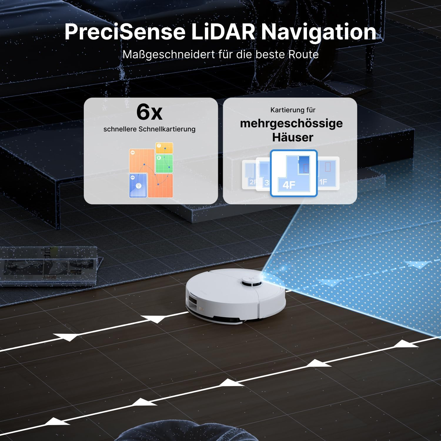 Ein weißer Saugroboter mit LiDAR-Navigation auf einem dunklen Boden, der eine 3D-Karte erstellt.