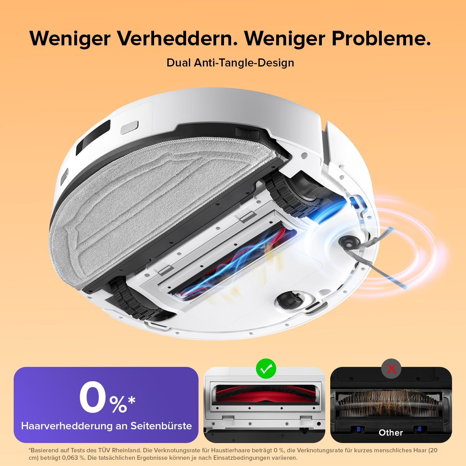 Ein weißer Saugroboter mit Dual Anti-Tangle-Design, der 0% Haarverhedderung zeigt.
