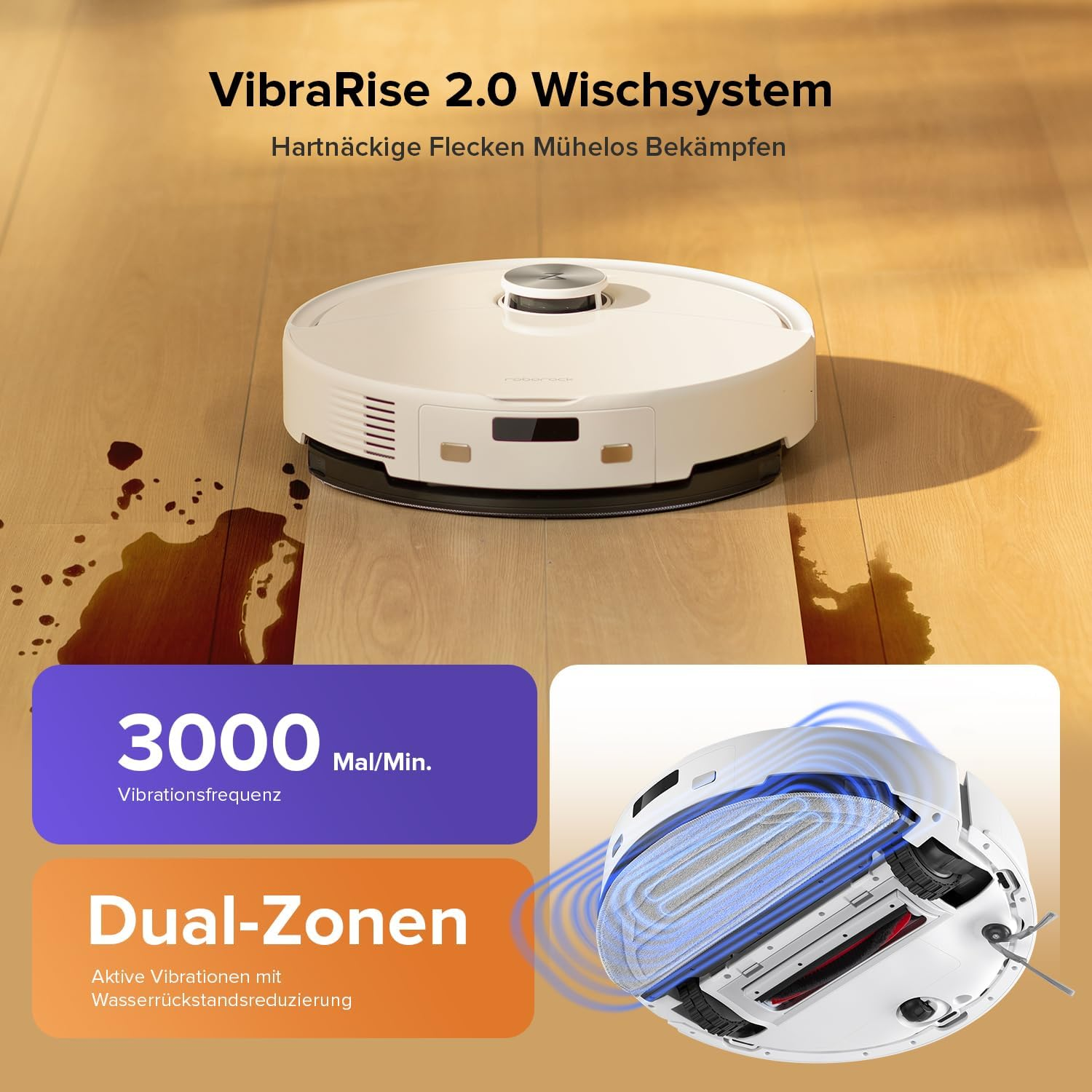 Ein weißer Saugroboter reinigt Flecken auf einem Holzboden. Informationen zu Vibrationen.