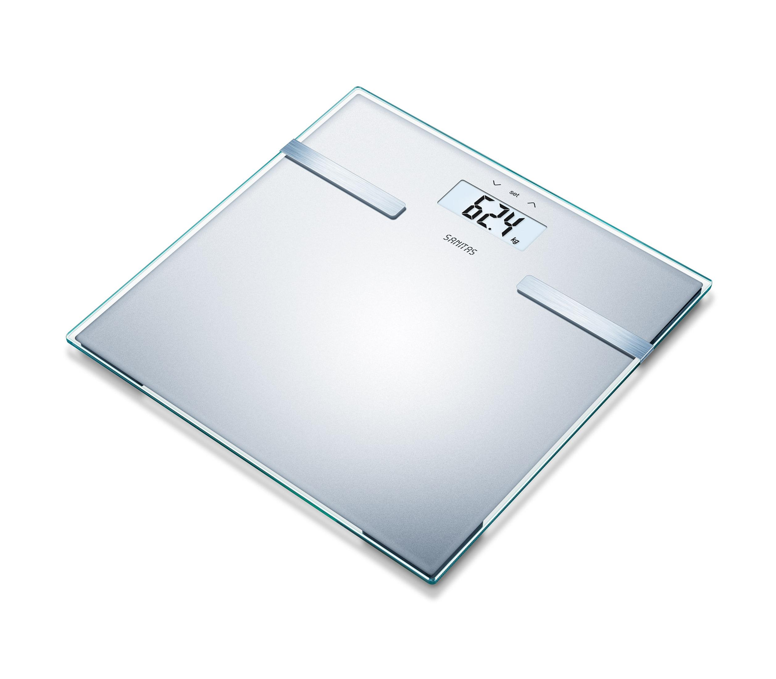 Eine silberne digitale Personenwaage mit Glasoberfläche und LCD-Display.