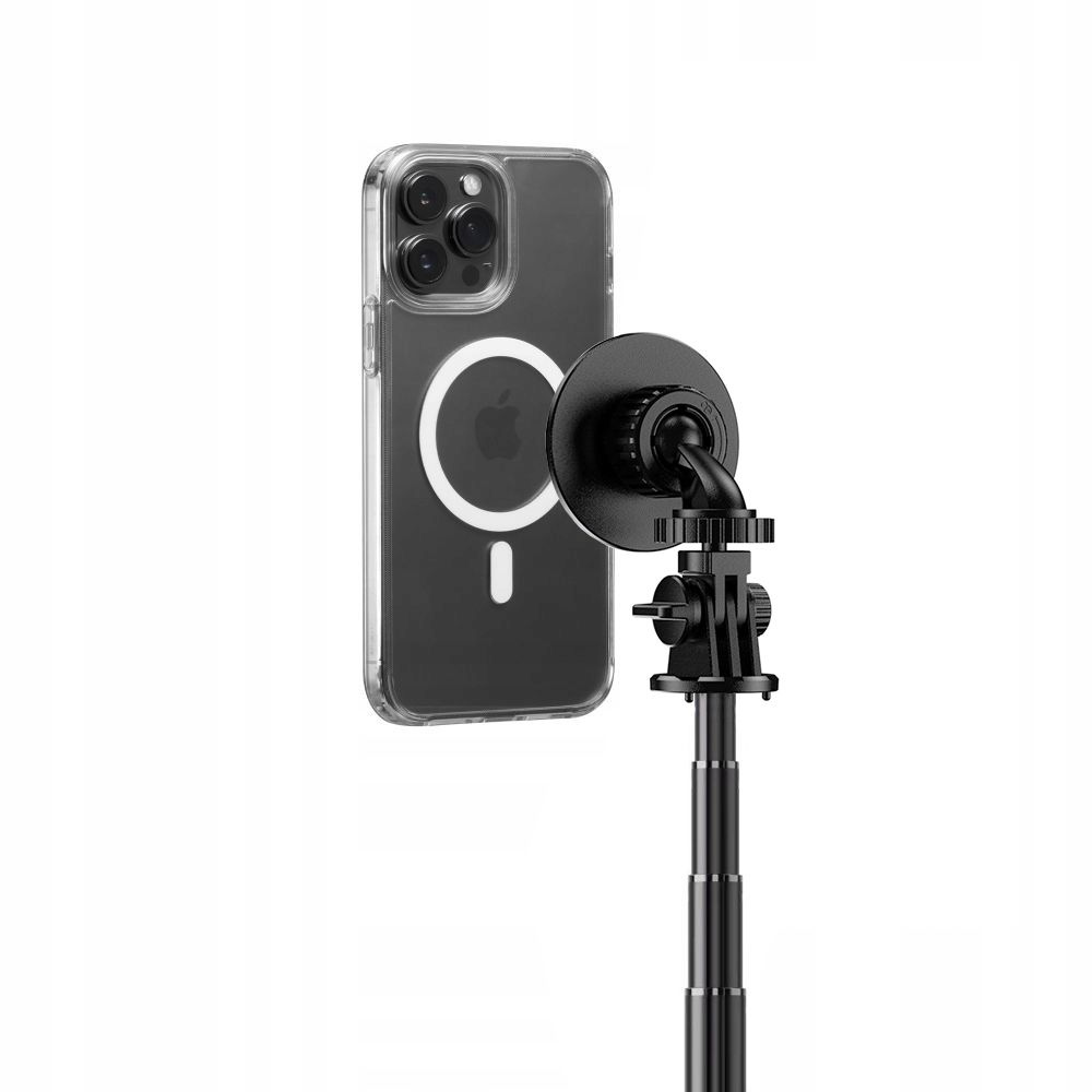 Ein durchsichtiger Handyhülle mit einem Magnetring und einem schwarzen Selfie-Stick.