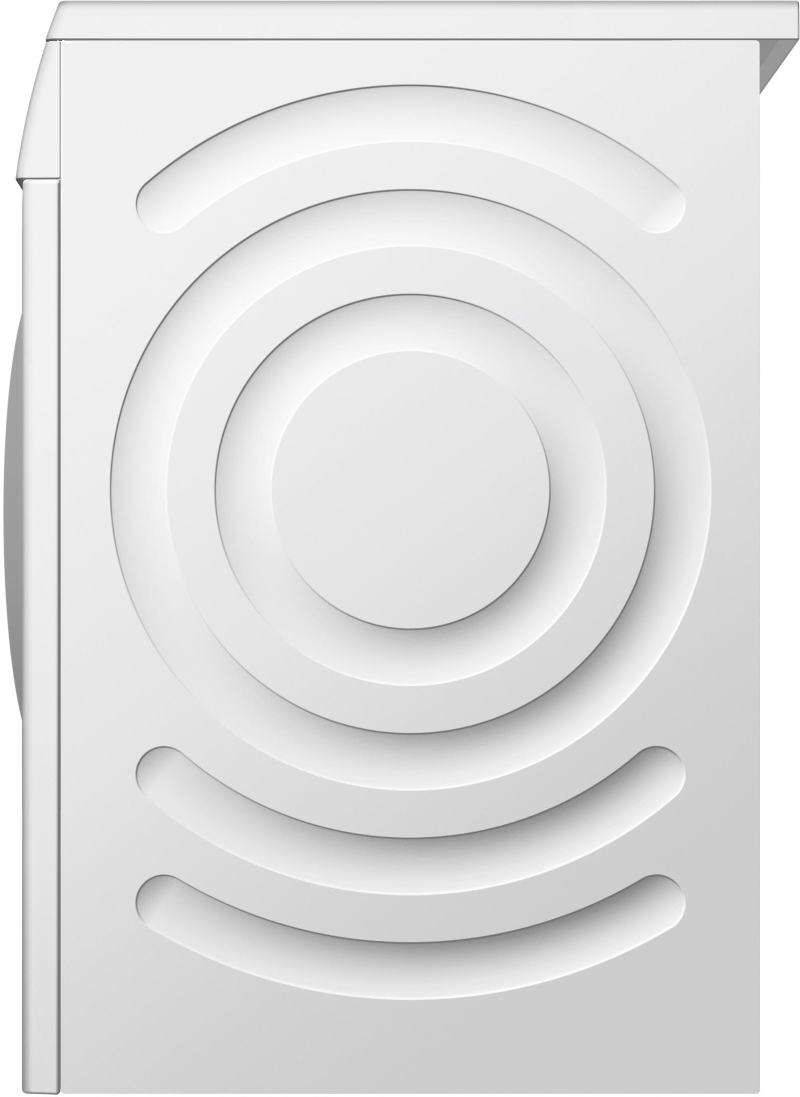 Una lavadora blanca con círculos concéntricos en su panel frontal.