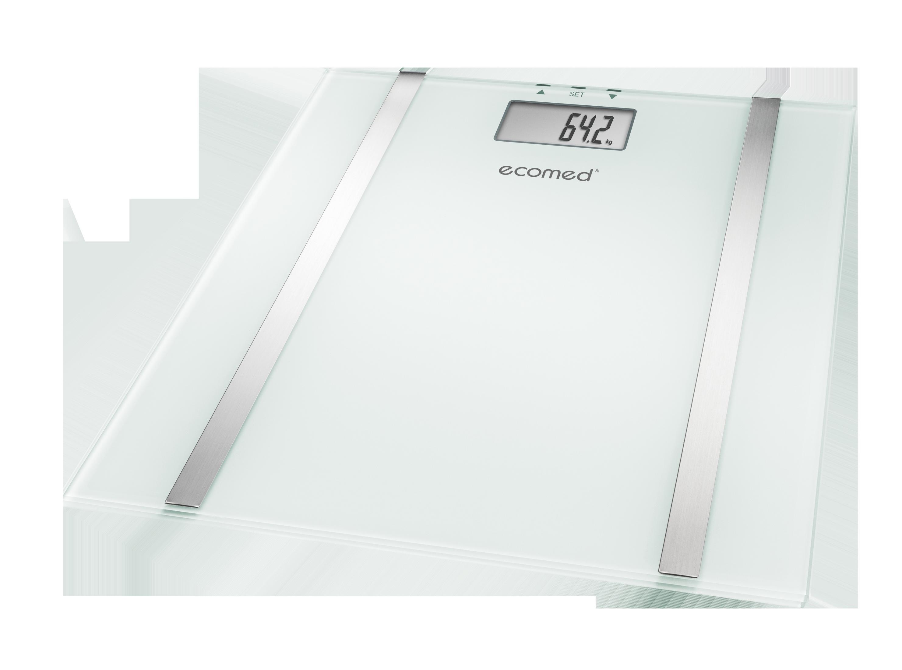 Eine weiße Glaswaage mit digitaler Anzeige von 64,2 kg.